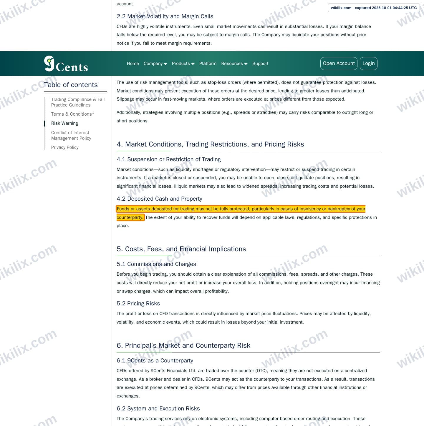 Our full page screenshot of the page this clause sits on, on 9Cents's site 9cents.com, taken on Oct 1, 2026. The quoted words are marked in the image.