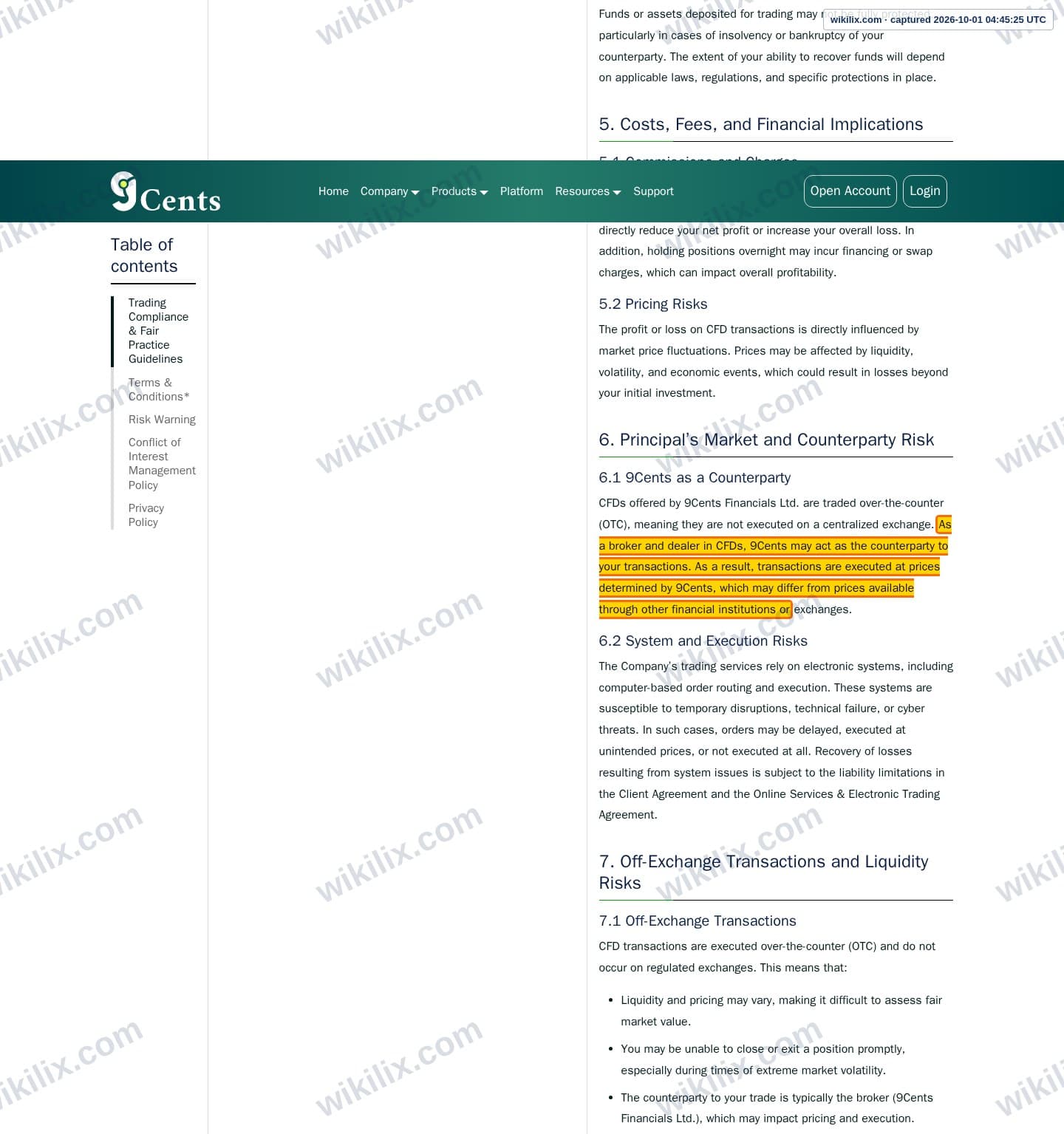 Our full page screenshot of the page this clause sits on, on 9Cents's site 9cents.com, taken on Oct 1, 2026. The quoted words are marked in the image.