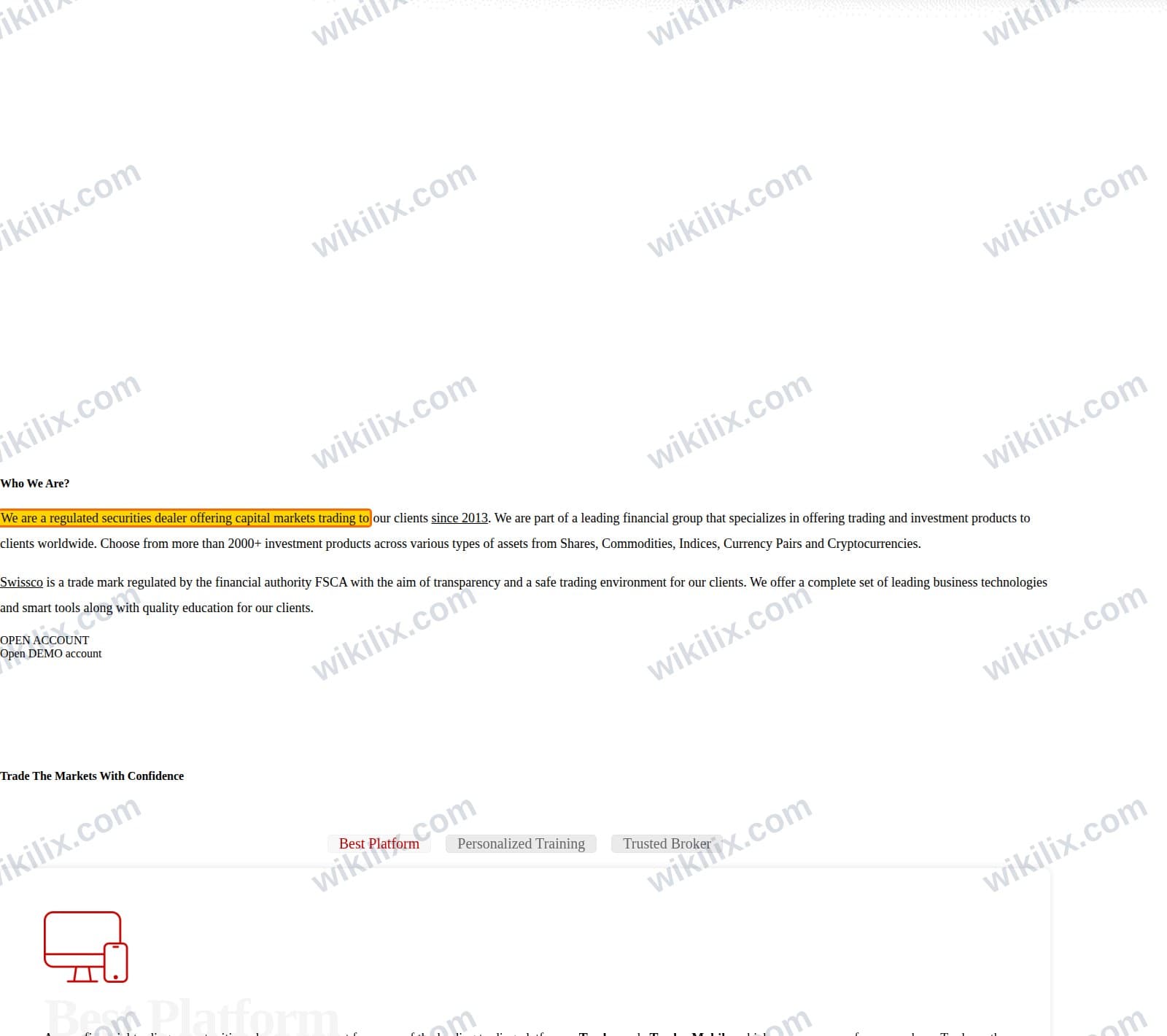 Our full page screenshot of the page that makes this promise, on Swissco's site web.archive.org, taken on Oct 2, 2026. The quoted words are marked in the image.