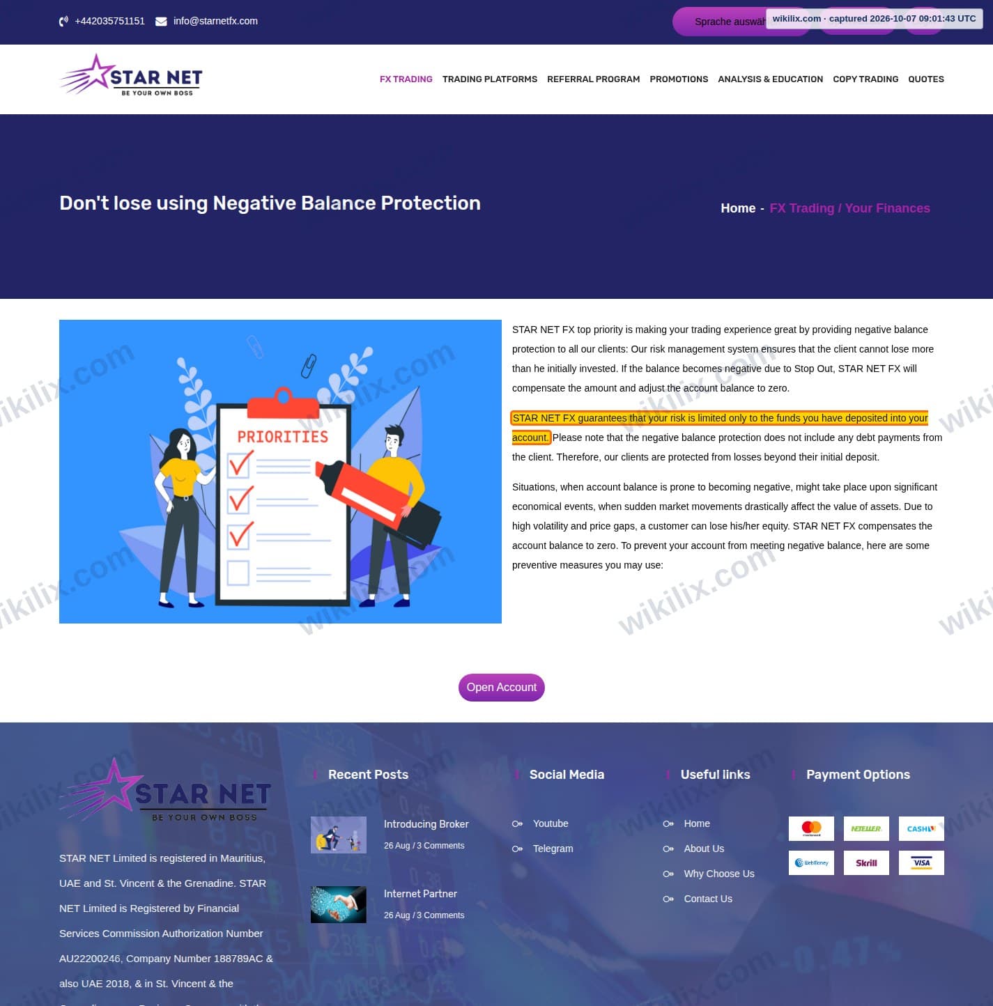 Our full page screenshot of the page that makes this promise, on STAR NET's site starnetfx.com, taken on Oct 7, 2026. The quoted words are marked in the image.