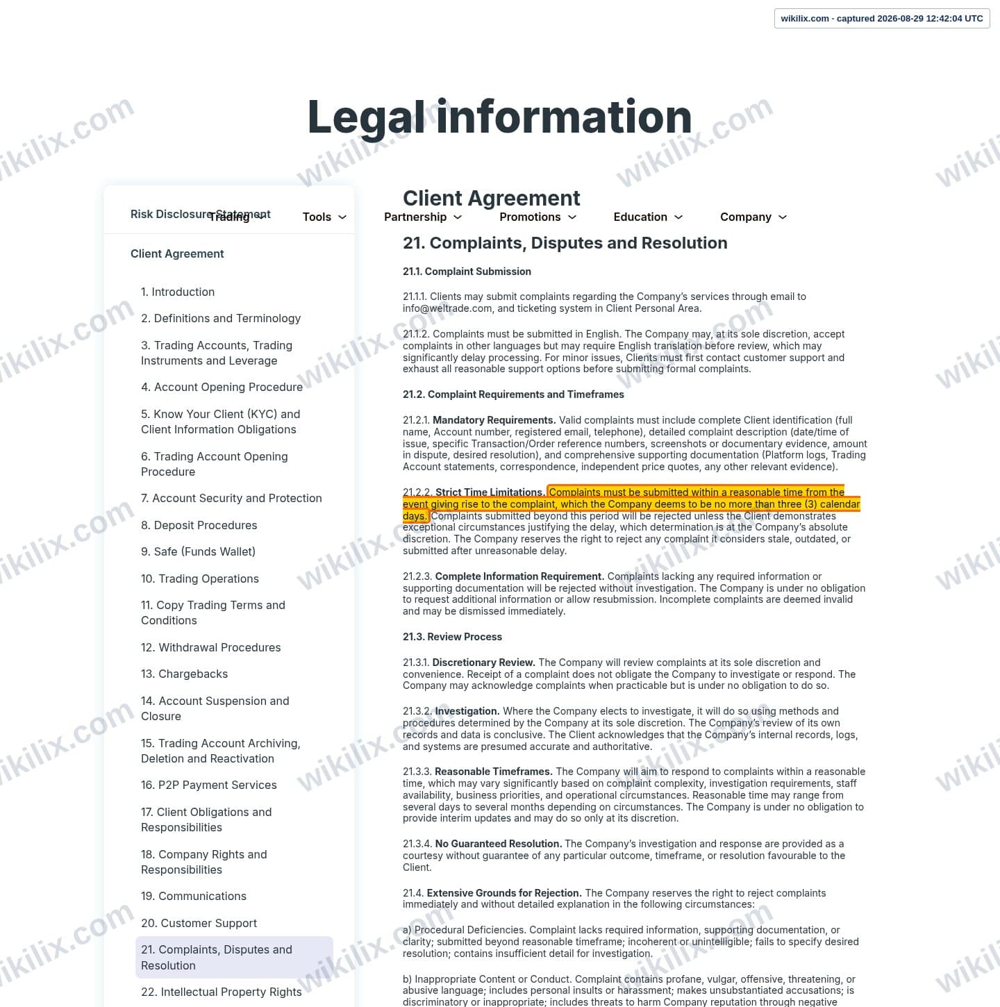 Our full page screenshot of the page this clause sits on, on WELTRADE's site weltrade.com, taken on Aug 29, 2026. The quoted words are marked in the image.