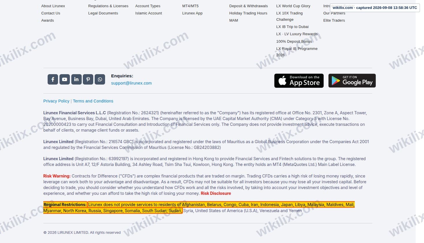 Our full page screenshot of the page this clause sits on, on LIRUNEX's site lirunex.online, taken on Sep 8, 2026. The quoted words are marked in the image.