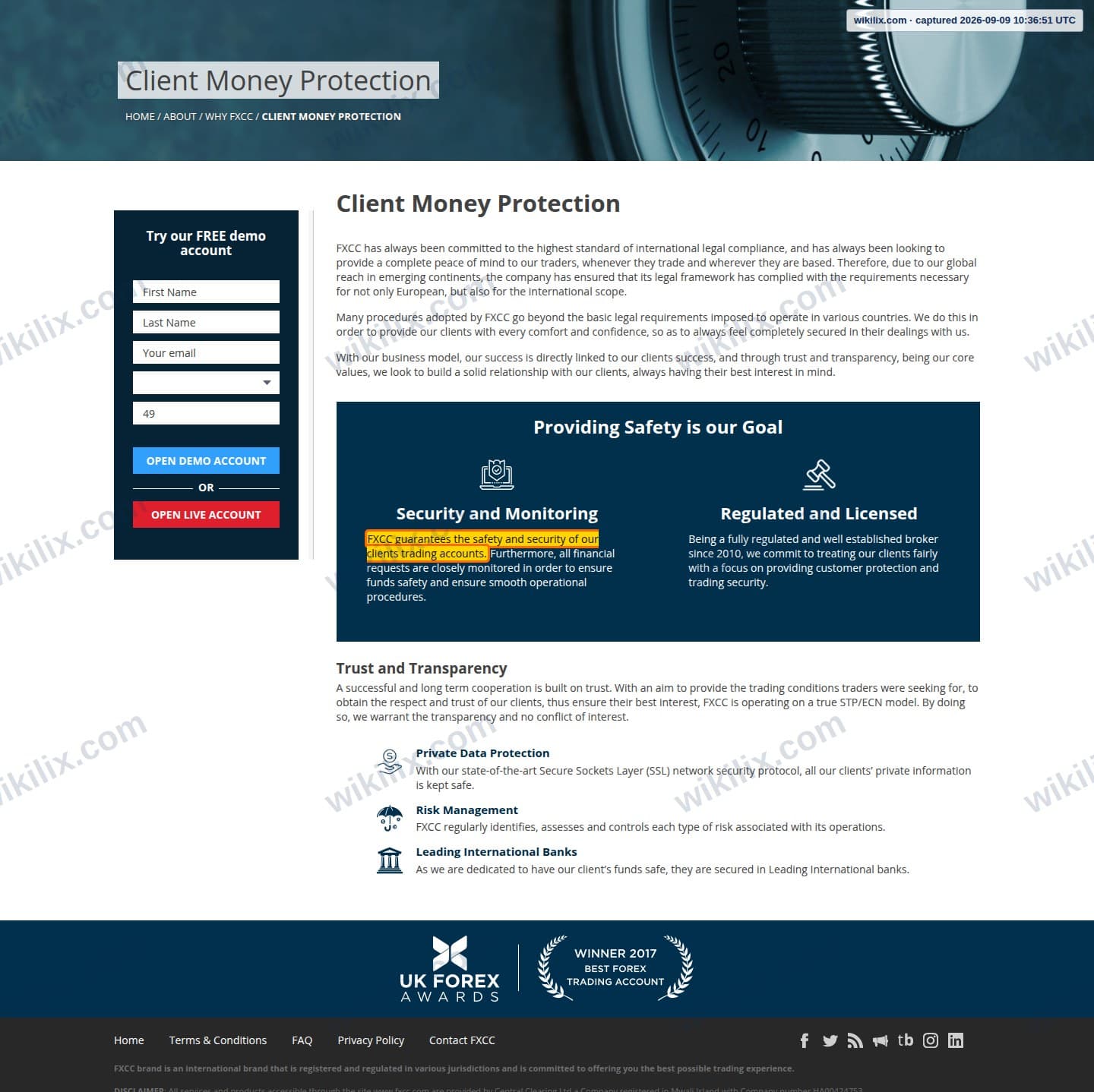 Our full page screenshot of the page that makes this promise, on FXCC's site fxcc.com, taken on Sep 9, 2026. The quoted words are marked in the image.