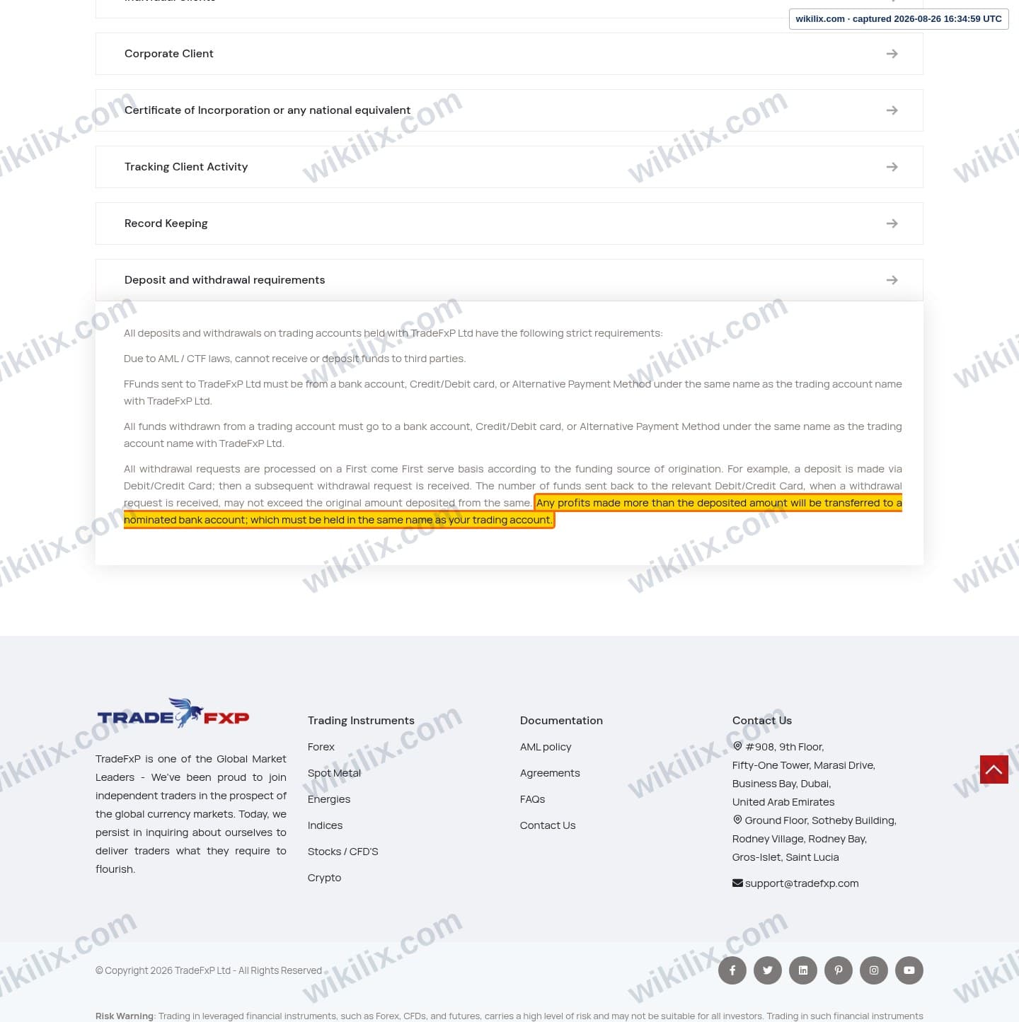Our full page screenshot of the page this clause sits on, on TradeFxP's site tradefxp.com, taken on Aug 26, 2026. The quoted words are marked in the image.