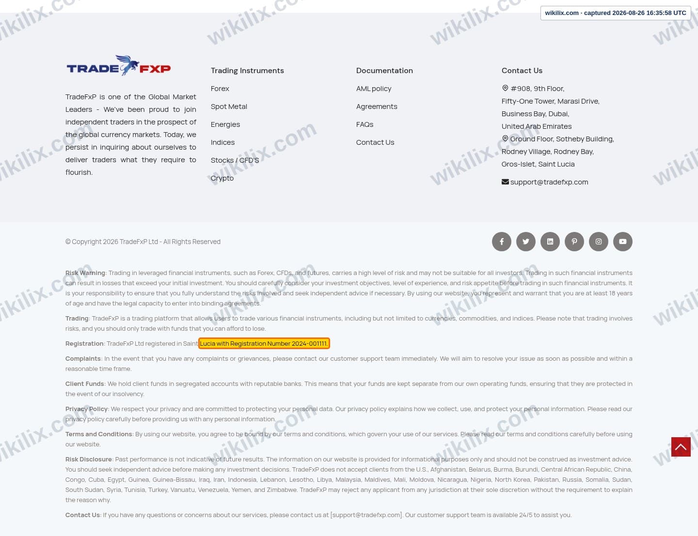 Our full page screenshot of the page this clause sits on, on TradeFxP's site tradefxp.com, taken on Aug 26, 2026. The quoted words are marked in the image.