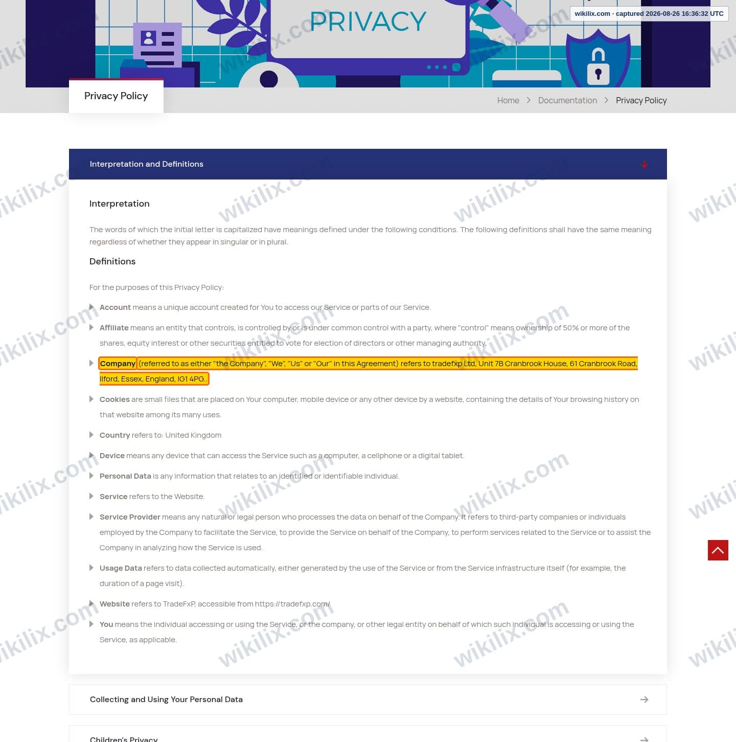 Our full page screenshot of the page this clause sits on, on TradeFxP's site tradefxp.com, taken on Aug 26, 2026. The quoted words are marked in the image.