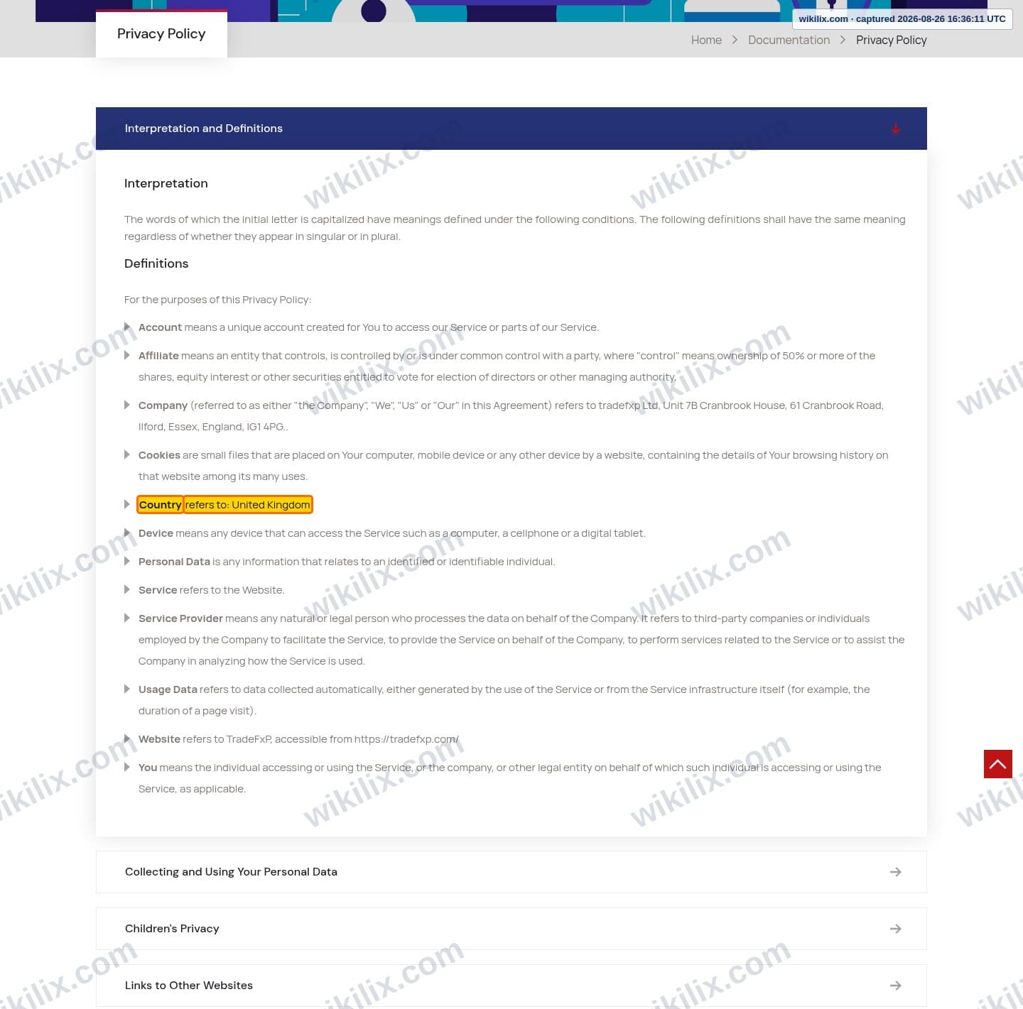 Our full page screenshot of the page this clause sits on, on TradeFxP's site tradefxp.com, taken on Aug 26, 2026. The quoted words are marked in the image.