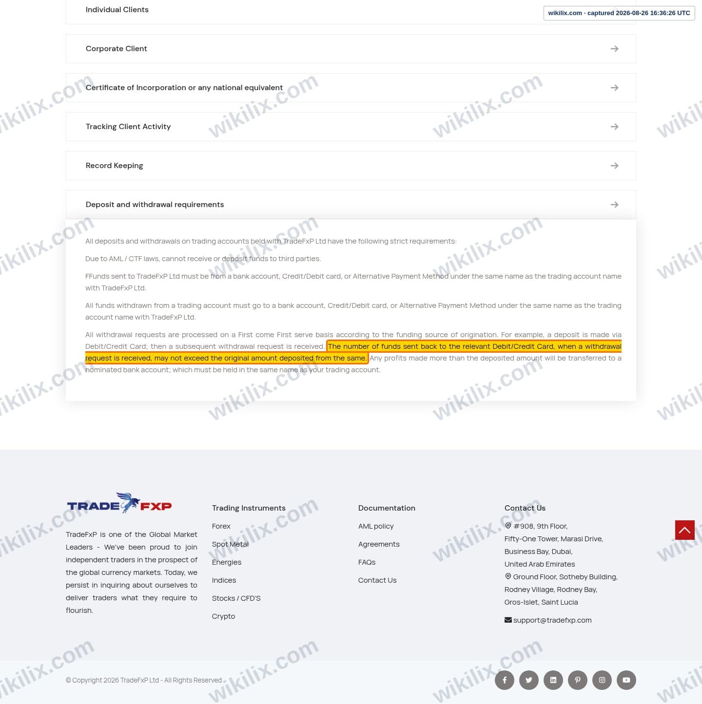 Our full page screenshot of the page this clause sits on, on TradeFxP's site tradefxp.com, taken on Aug 26, 2026. The quoted words are marked in the image.