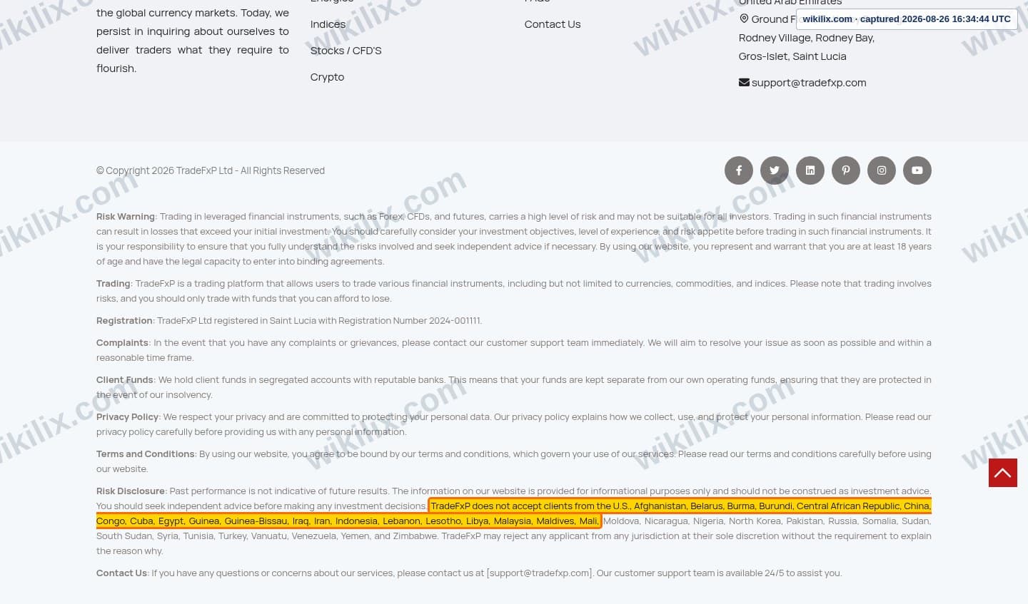 Our full page screenshot of the page this clause sits on, on TradeFxP's site tradefxp.com, taken on Aug 26, 2026. The quoted words are marked in the image.