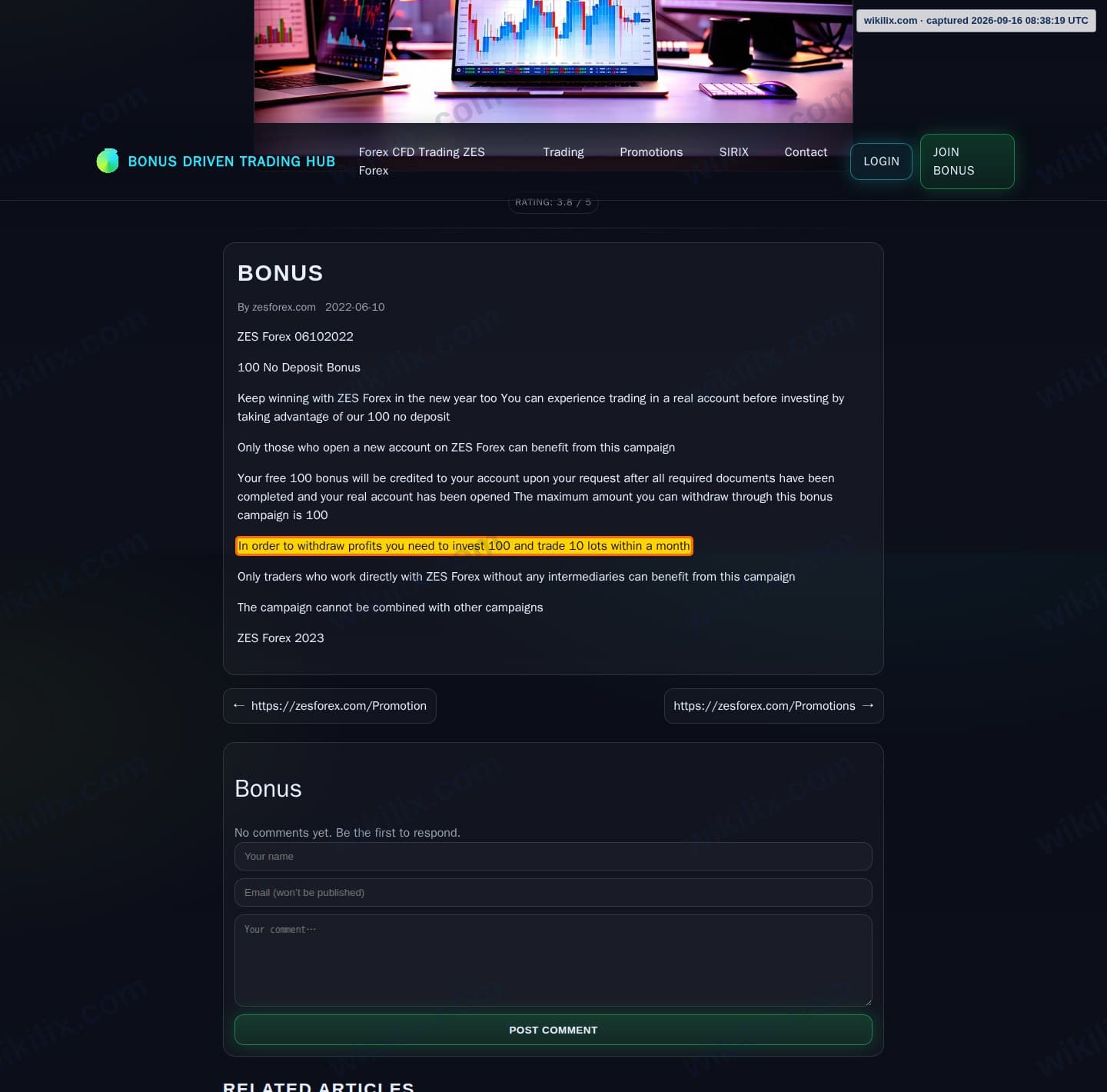 Our full page screenshot of the page this clause sits on, on ZES Forex's site zesforex.com, taken on Sep 16, 2026. The quoted words are marked in the image.