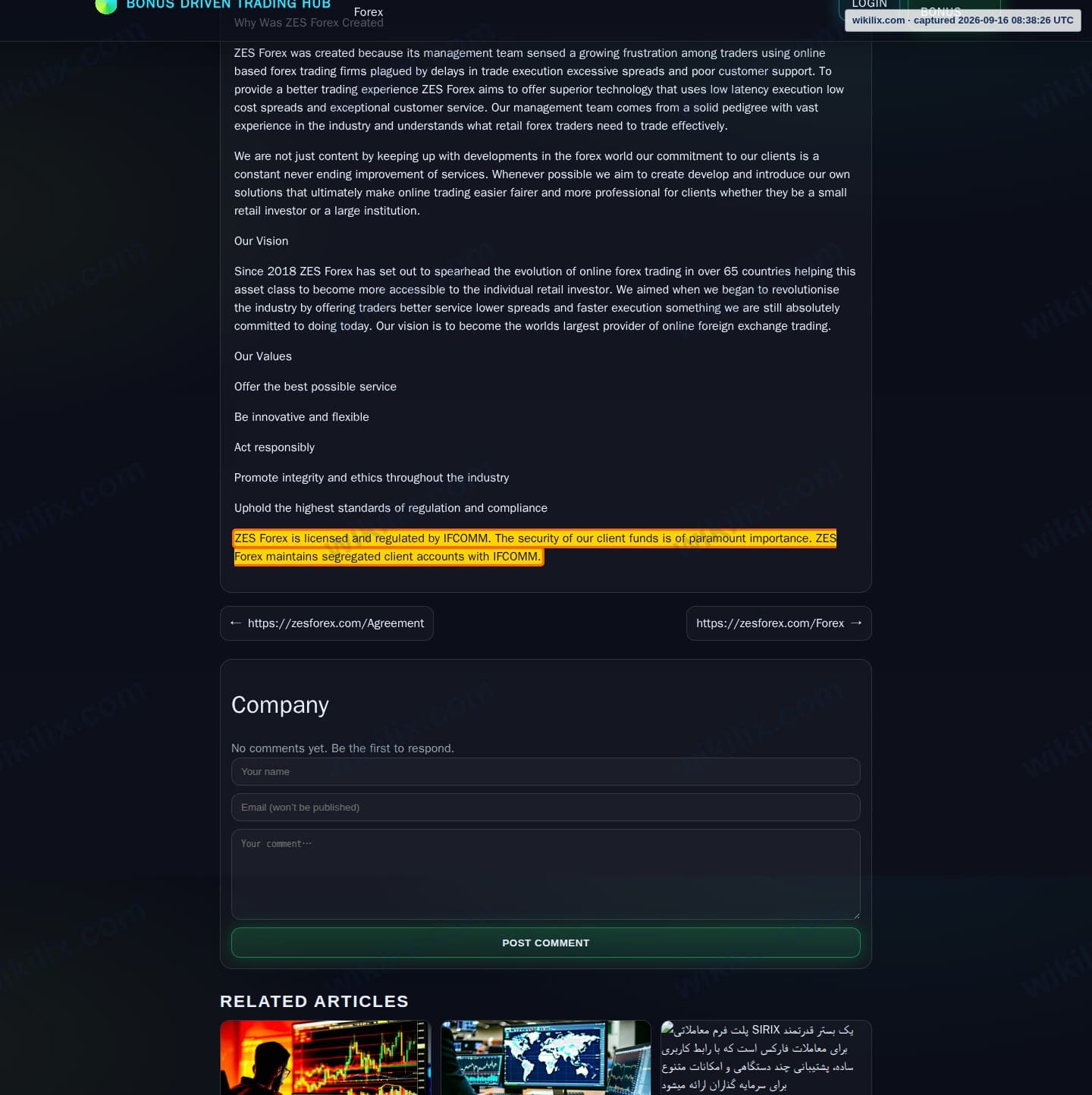 Our full page screenshot of the page that makes this promise, on ZES Forex's site zesforex.com, taken on Sep 16, 2026. The quoted words are marked in the image.