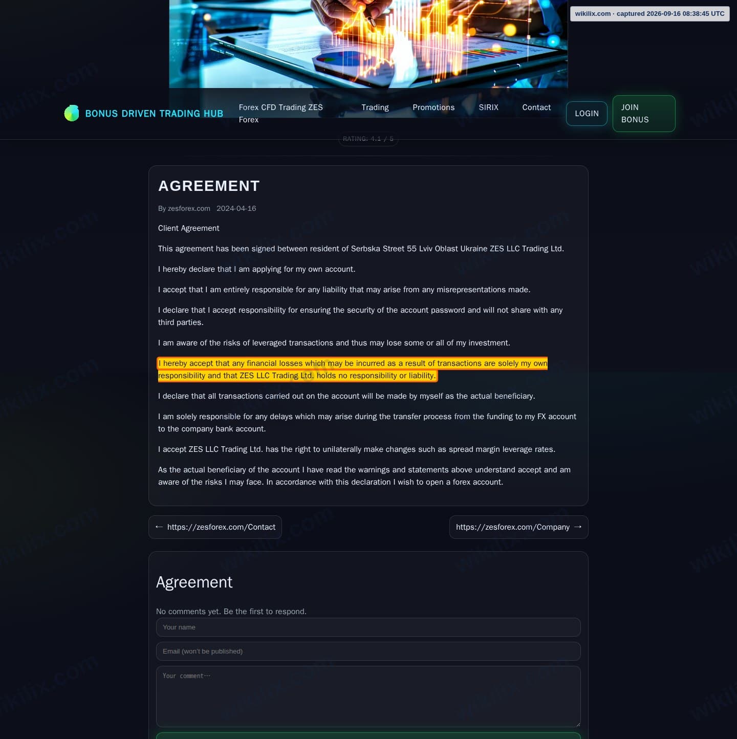 Our full page screenshot of the page this clause sits on, on ZES Forex's site zesforex.com, taken on Sep 16, 2026. The quoted words are marked in the image.