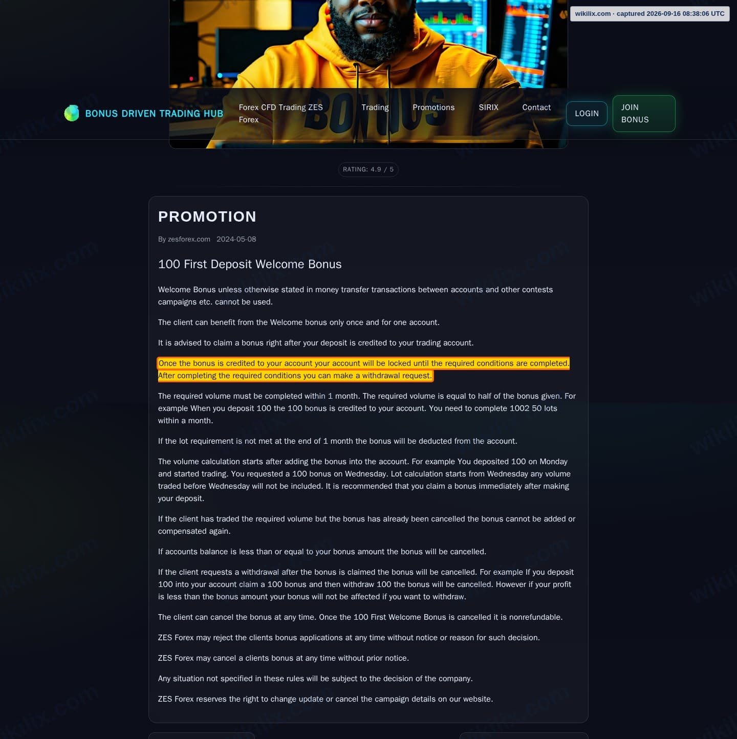 Our full page screenshot of the page this clause sits on, on ZES Forex's site zesforex.com, taken on Sep 16, 2026. The quoted words are marked in the image.