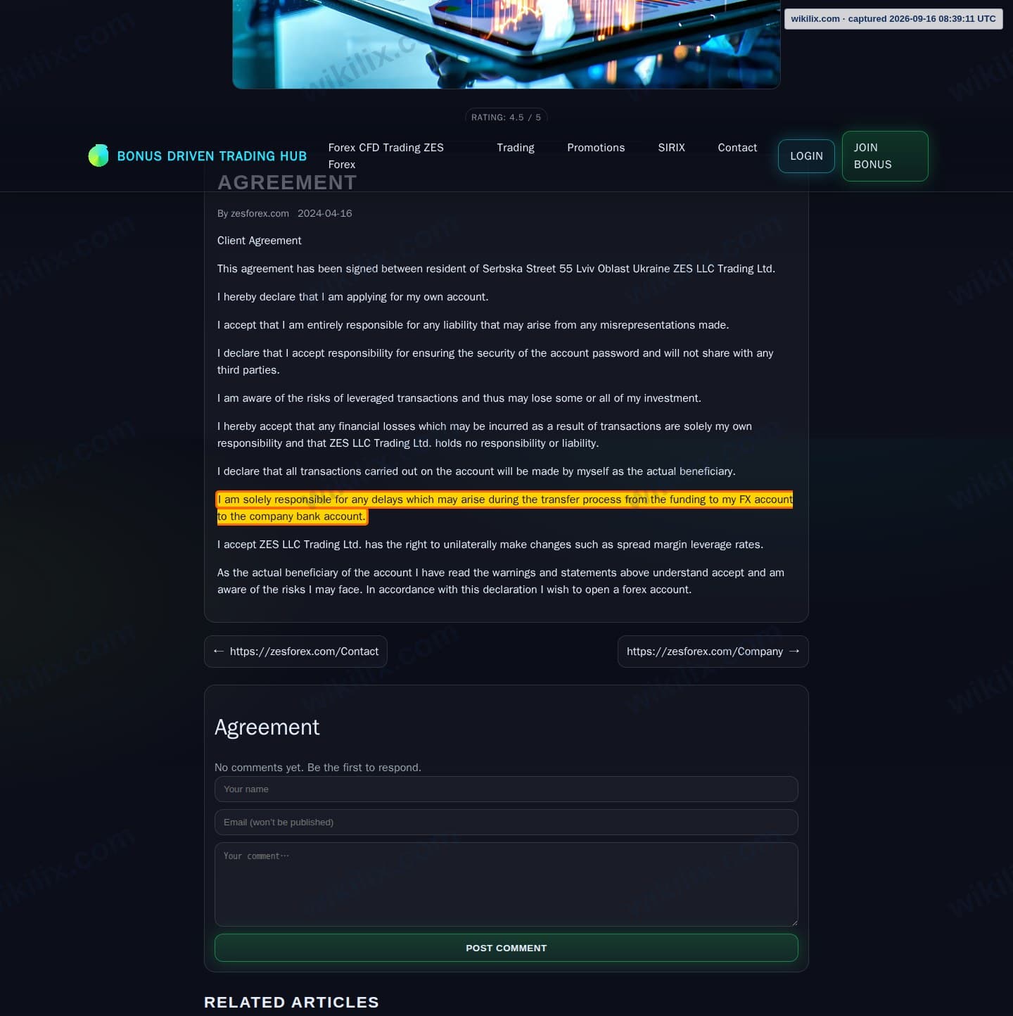 Our full page screenshot of the page this clause sits on, on ZES Forex's site zesforex.com, taken on Sep 16, 2026. The quoted words are marked in the image.