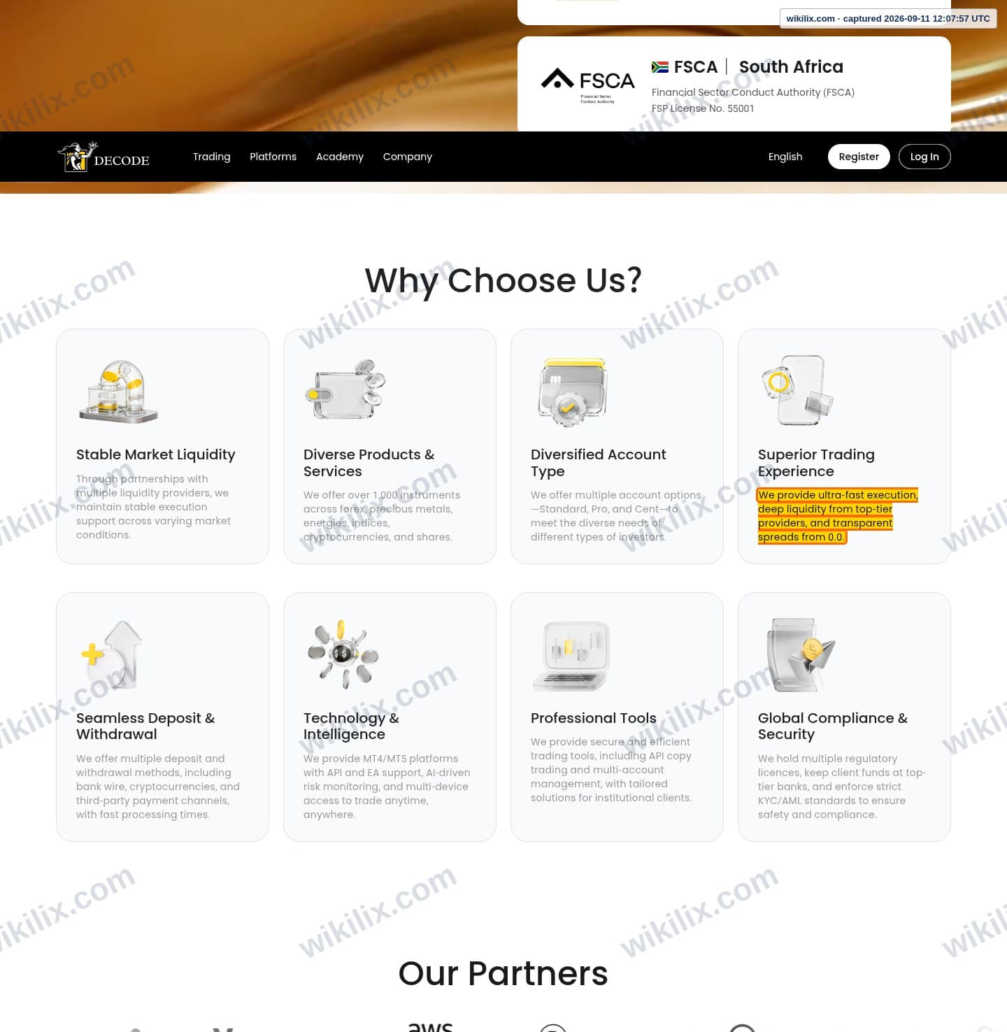 Our full page screenshot of the page that makes this promise, on DecodeFX's site decodefx.com, taken on Sep 11, 2026. The quoted words are marked in the image.
