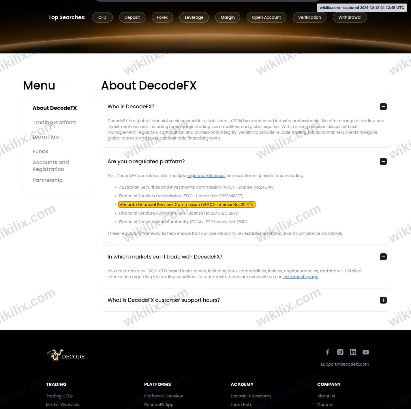 Our full page screenshot of the page that makes this promise, on DecodeFX's site decodefx.com, taken on Oct 18, 2026. The quoted words are marked in the image.