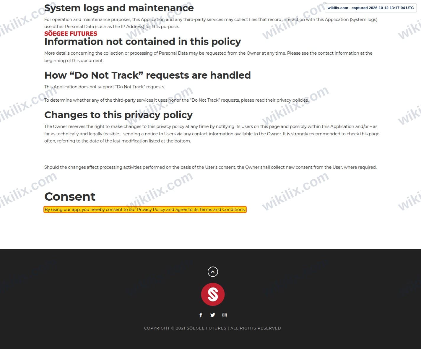 Our full page screenshot of the page this clause sits on, on SÔEGEE FUTURES's site soegeefutures.com, taken on Oct 12, 2026. The quoted words are marked in the image.