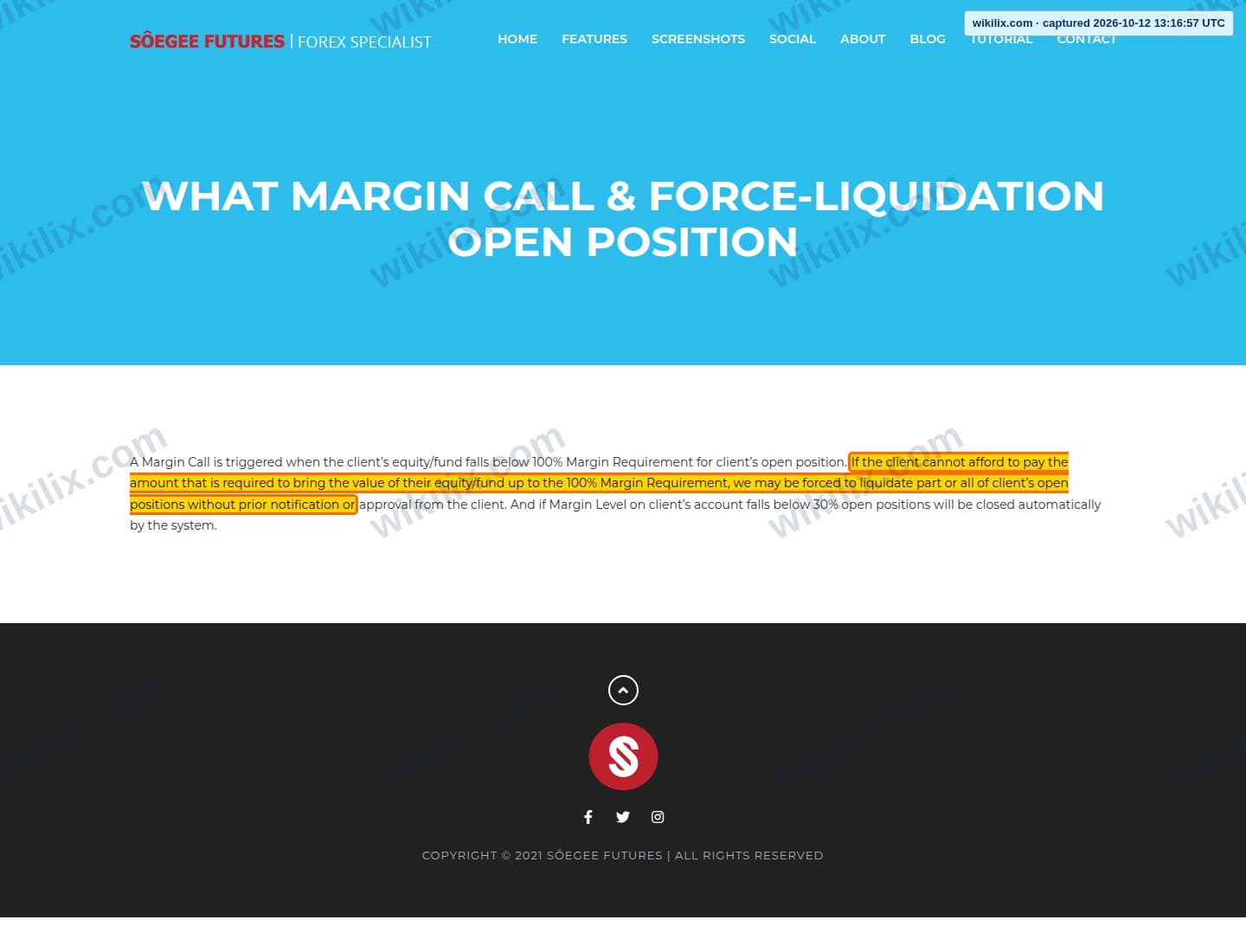 Our full page screenshot of the page this clause sits on, on SÔEGEE FUTURES's site soegeefutures.com, taken on Oct 12, 2026. The quoted words are marked in the image.