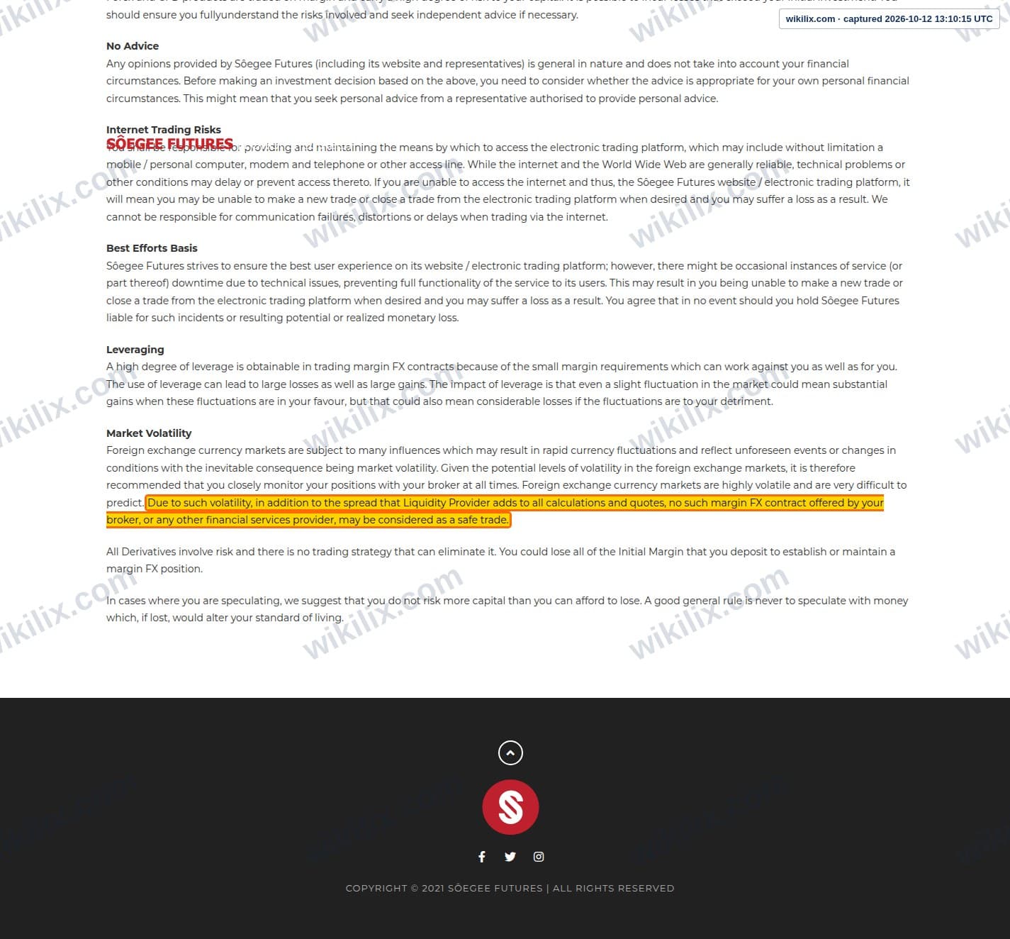 Our full page screenshot of the page this clause sits on, on SÔEGEE FUTURES's site soegeefutures.com, taken on Oct 12, 2026. The quoted words are marked in the image.