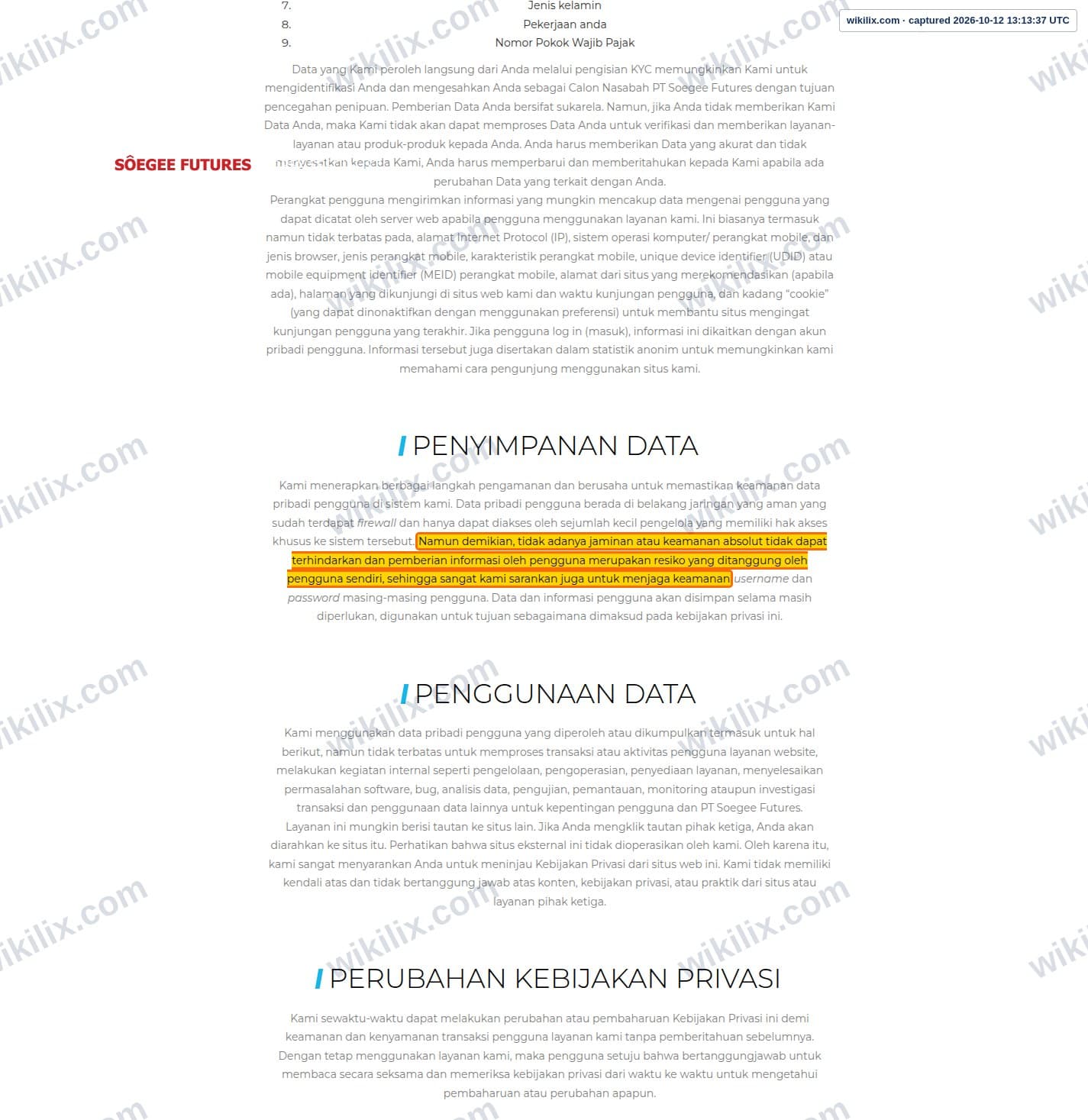Our full page screenshot of the page this clause sits on, on SÔEGEE FUTURES's site soegeefutures.com, taken on Oct 12, 2026. The quoted words are marked in the image.