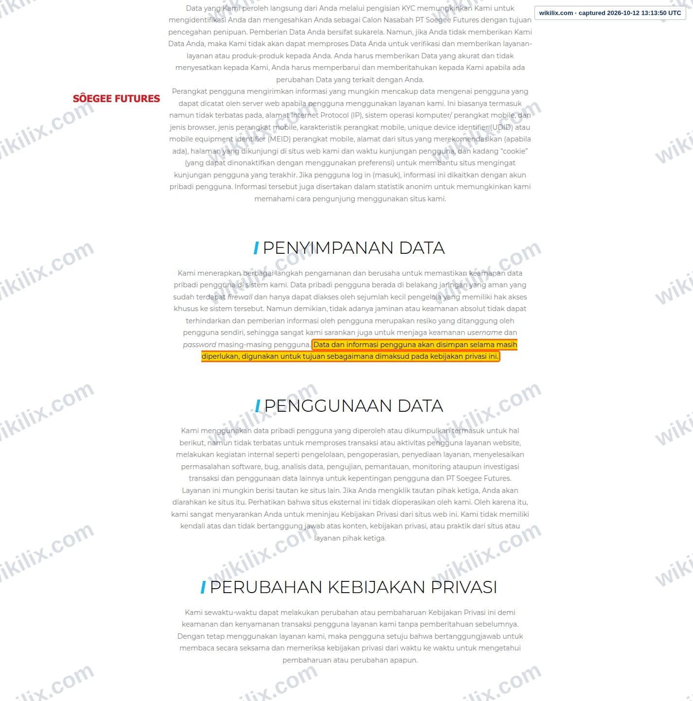Our full page screenshot of the page this clause sits on, on SÔEGEE FUTURES's site soegeefutures.com, taken on Oct 12, 2026. The quoted words are marked in the image.