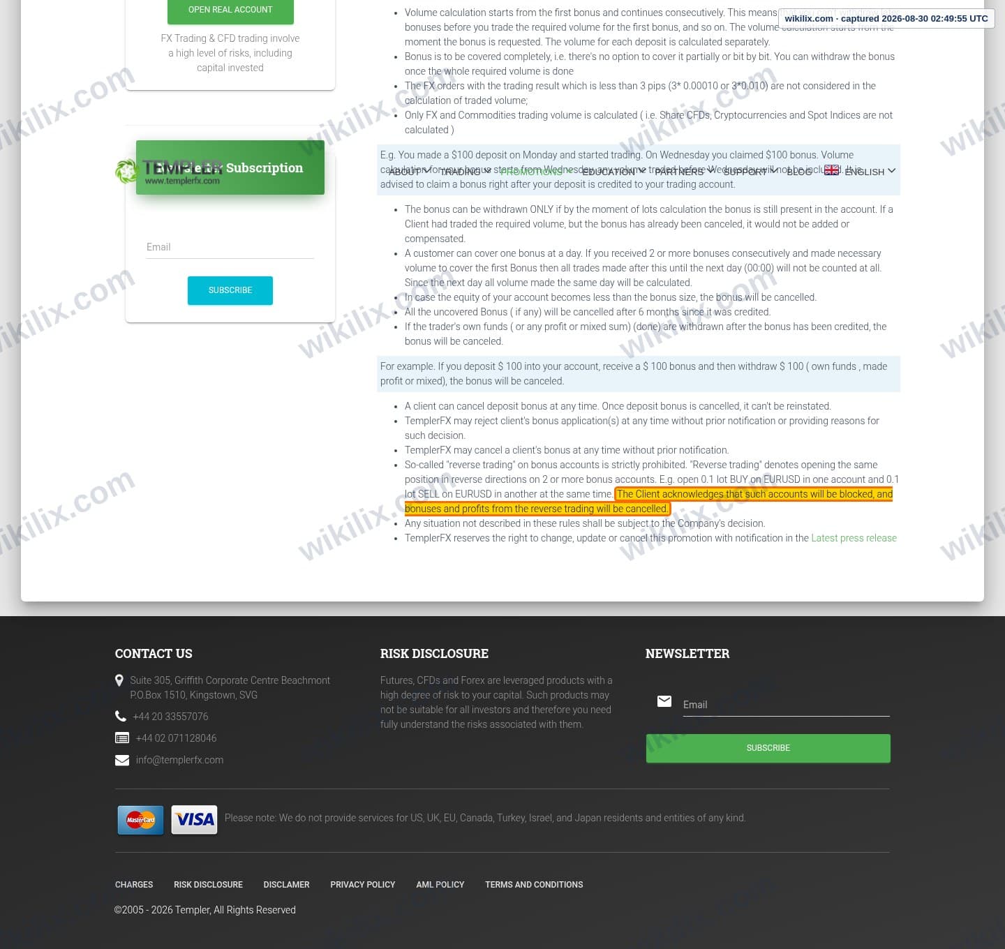 Our full page screenshot of the page this clause sits on, on TEMPLER's site templerfx.com, taken on Aug 30, 2026. The quoted words are marked in the image.
