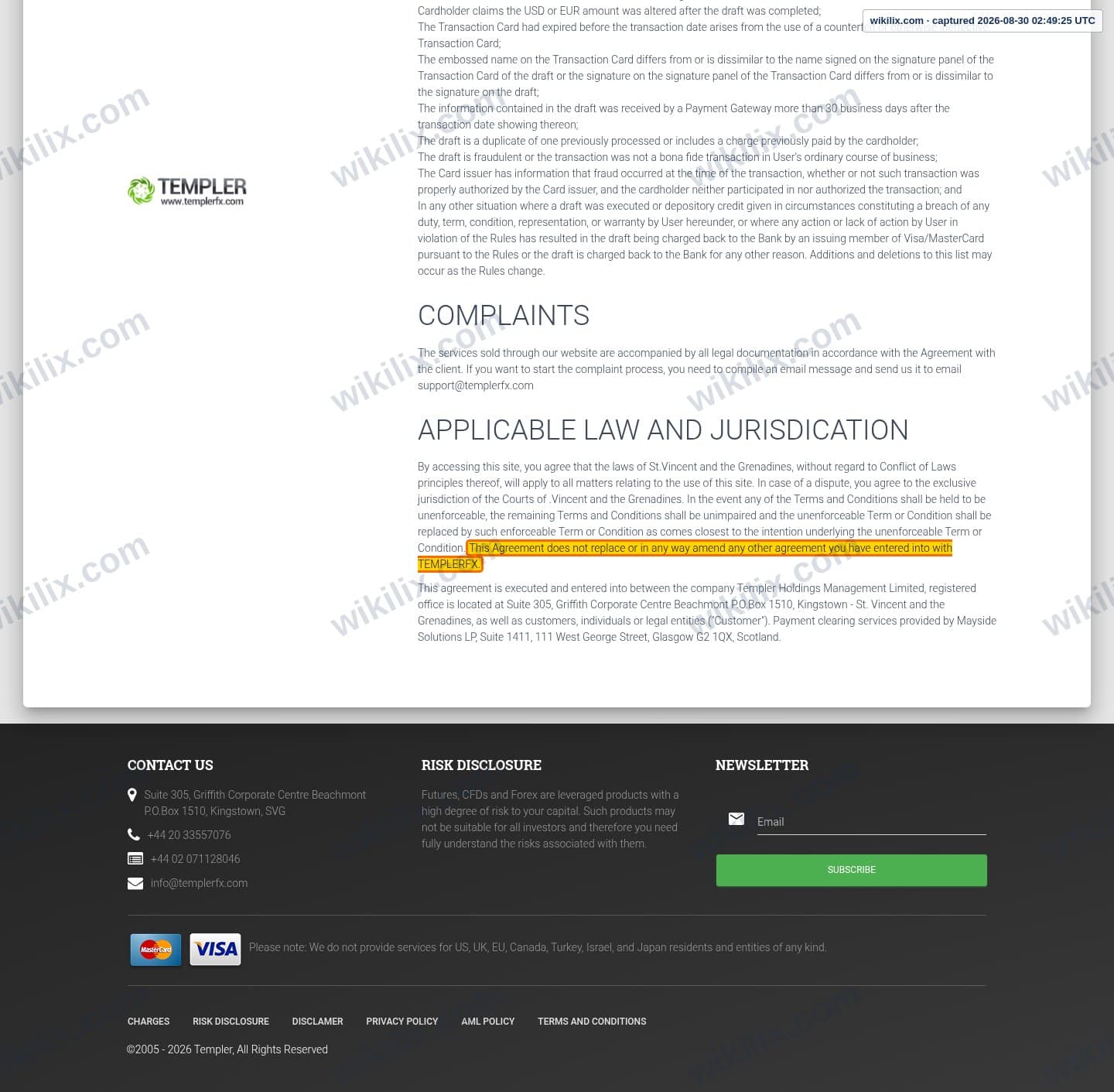 Our full page screenshot of the page this clause sits on, on TEMPLER's site templerfx.com, taken on Aug 30, 2026. The quoted words are marked in the image.