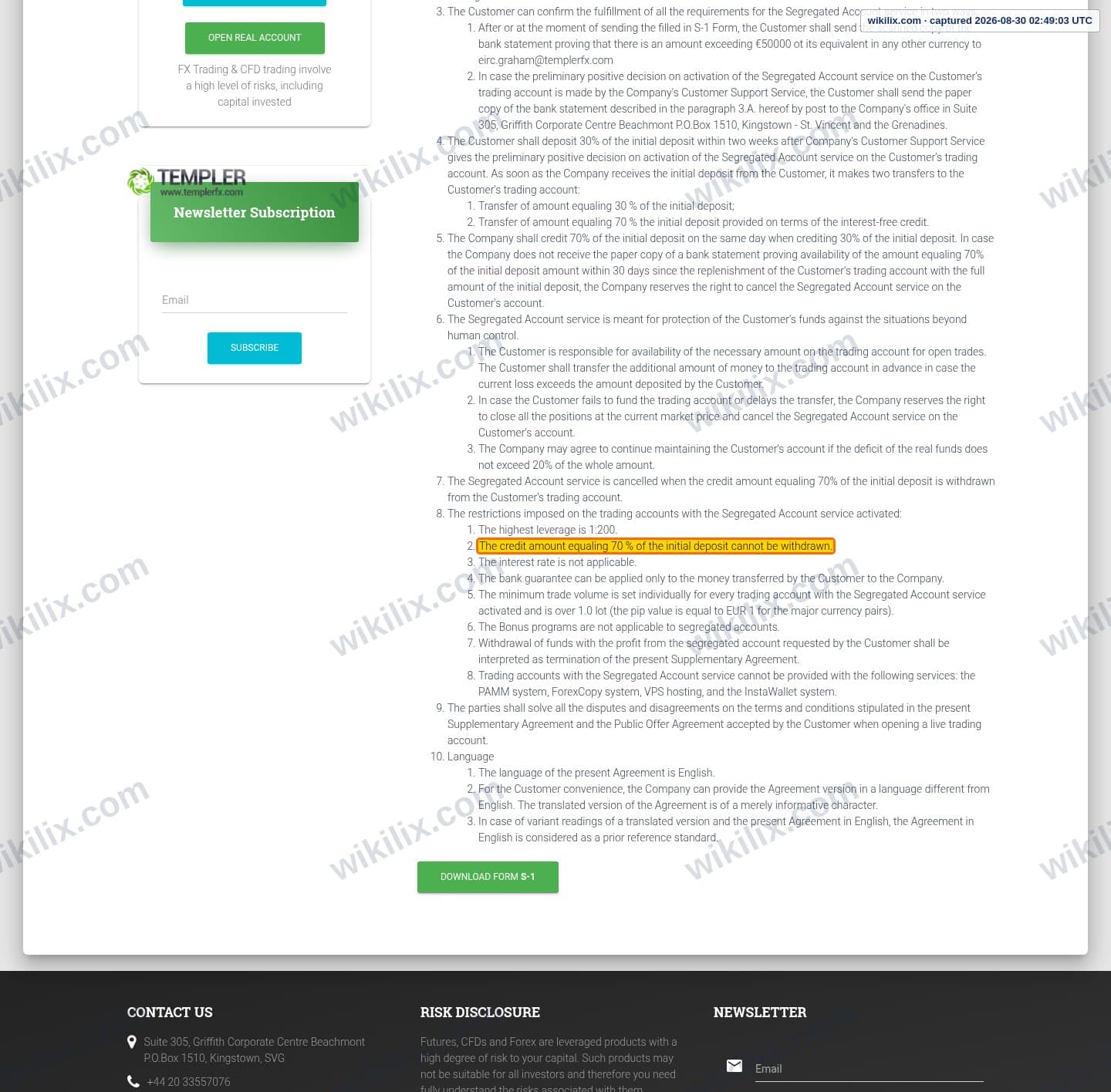 Our full page screenshot of the page this clause sits on, on TEMPLER's site templerfx.com, taken on Aug 30, 2026. The quoted words are marked in the image.