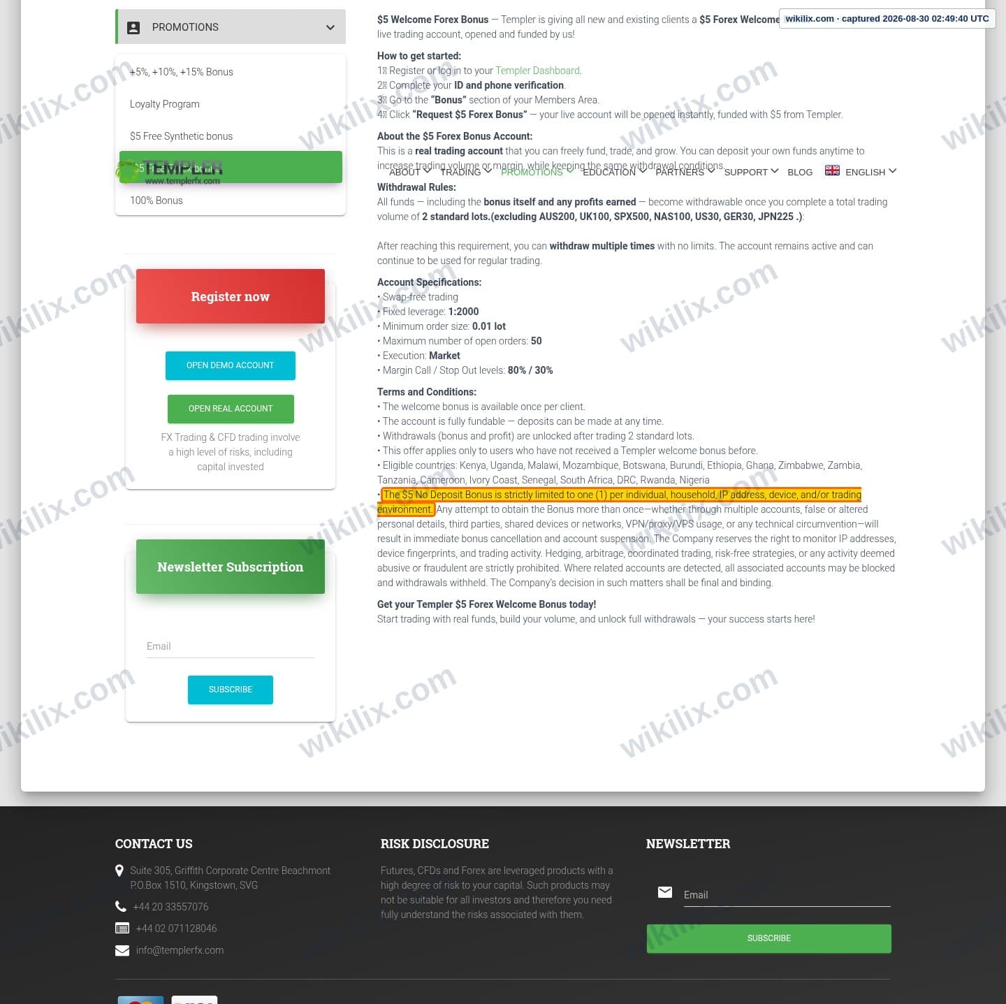 Our full page screenshot of the page this clause sits on, on TEMPLER's site templerfx.com, taken on Aug 30, 2026. The quoted words are marked in the image.