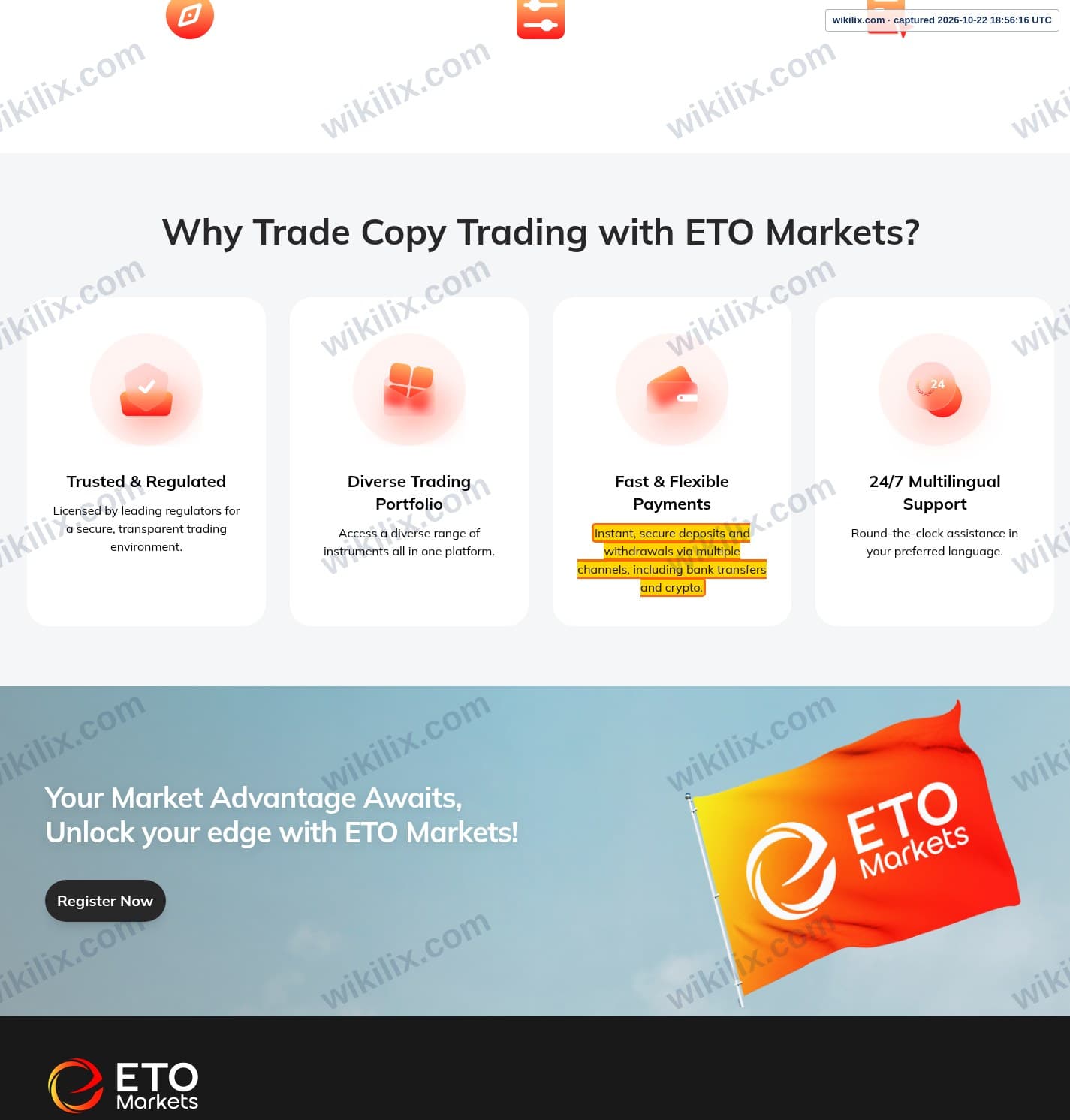 Our full page screenshot of the page that makes this promise, on ETO Markets's site eto.group, taken on Oct 22, 2026. The quoted words are marked in the image.