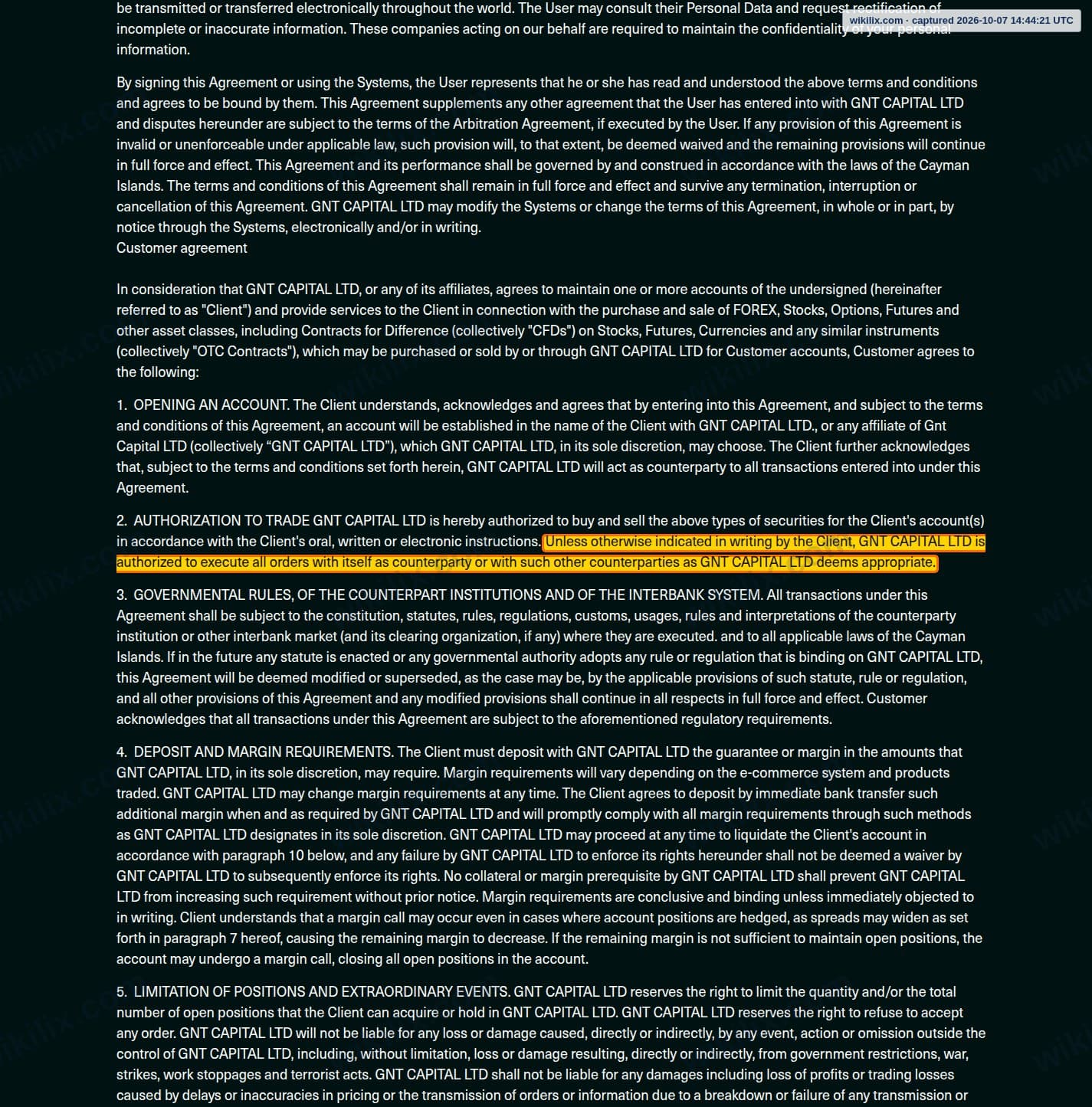 Our full page screenshot of the page this clause sits on, on Global Next Trade's site globalnexttrade.com, taken on Oct 7, 2026. The quoted words are marked in the image.