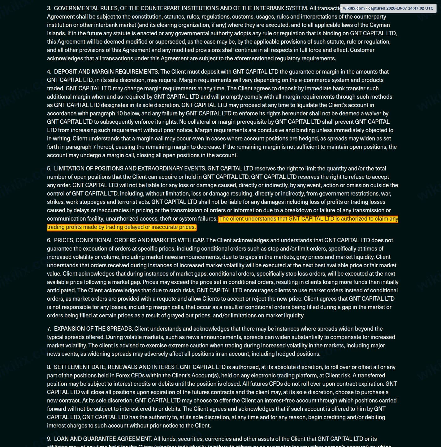 Our full page screenshot of the page this clause sits on, on Global Next Trade's site globalnexttrade.com, taken on Oct 7, 2026. The quoted words are marked in the image.