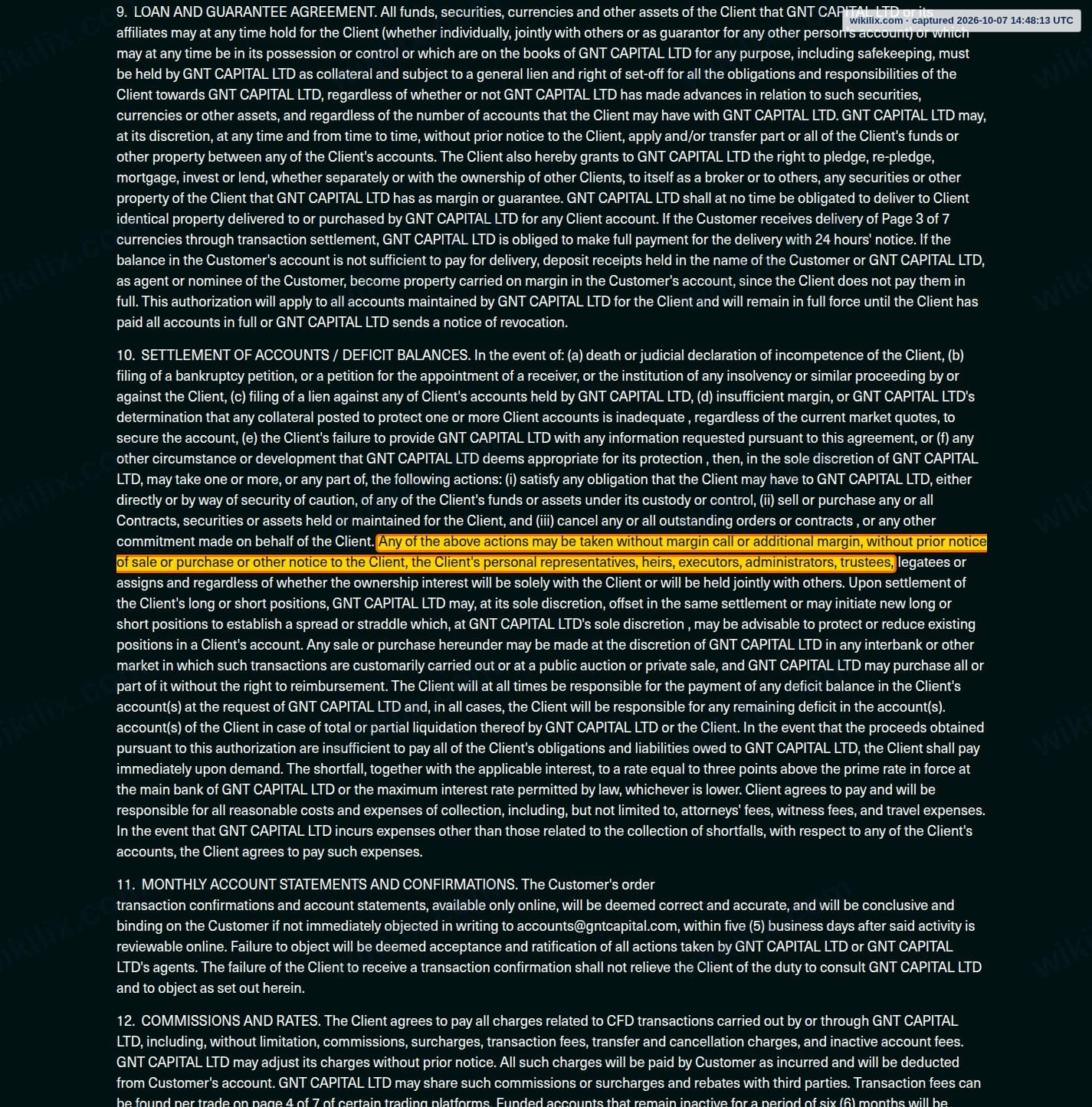 Our full page screenshot of the page this clause sits on, on Global Next Trade's site globalnexttrade.com, taken on Oct 7, 2026. The quoted words are marked in the image.