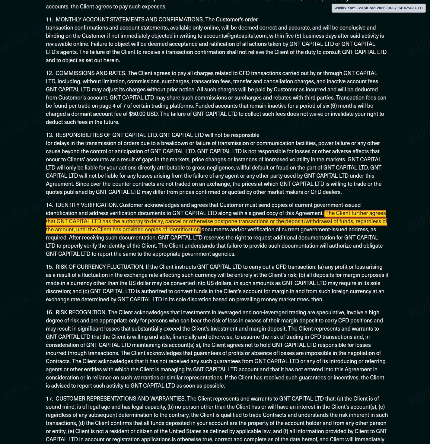Our full page screenshot of the page this clause sits on, on Global Next Trade's site globalnexttrade.com, taken on Oct 7, 2026. The quoted words are marked in the image.