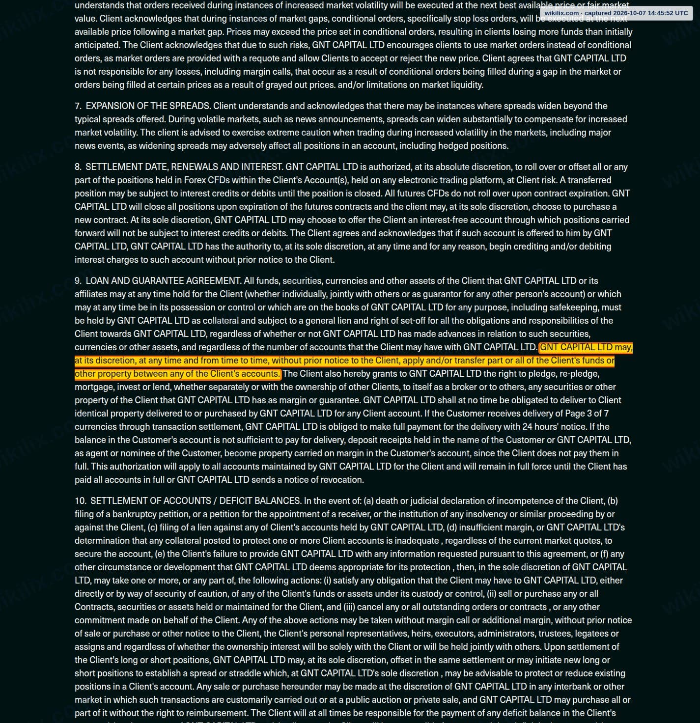 Our full page screenshot of the page this clause sits on, on Global Next Trade's site globalnexttrade.com, taken on Oct 7, 2026. The quoted words are marked in the image.