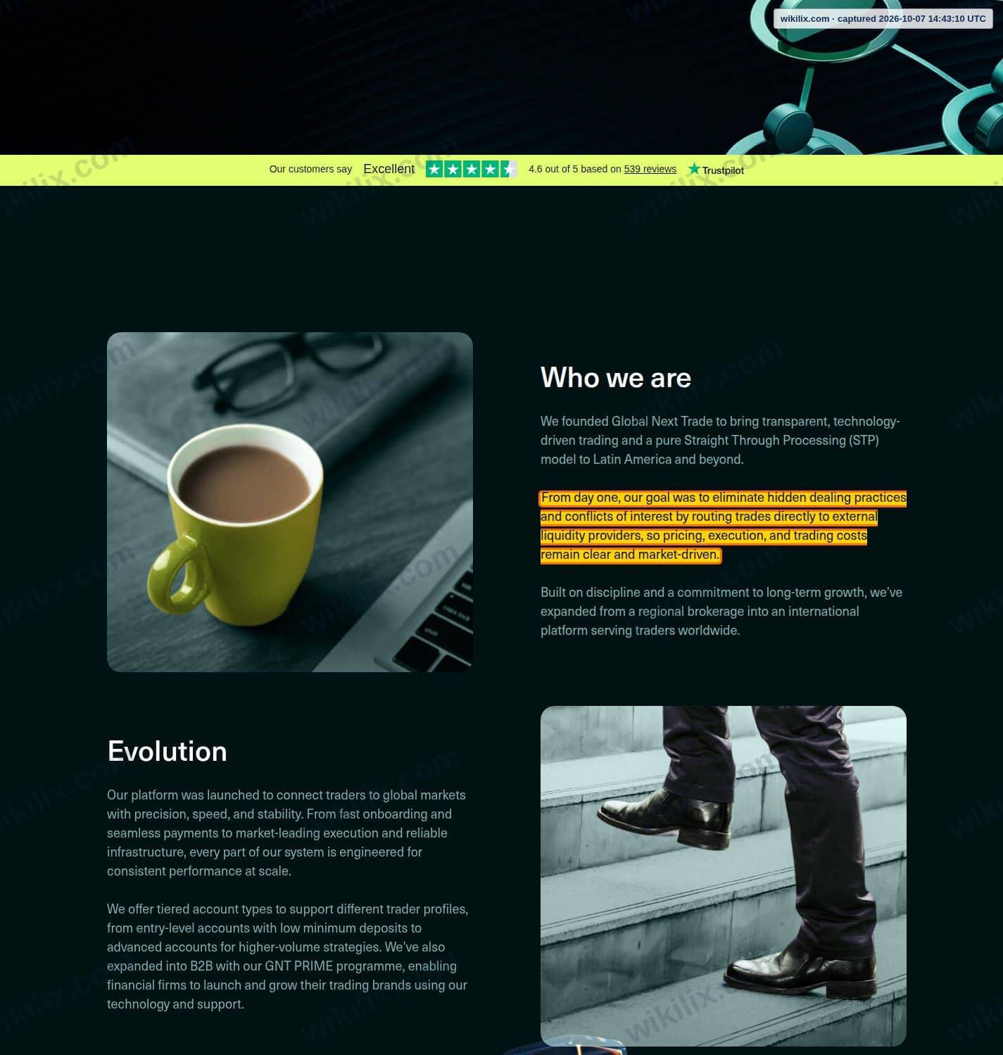 Our full page screenshot of the page that makes this promise, on Global Next Trade's site gntcapital.com, taken on Oct 7, 2026. The quoted words are marked in the image.