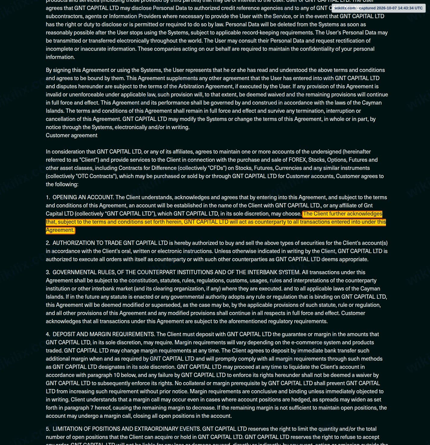 Our full page screenshot of the page this clause sits on, on Global Next Trade's site globalnexttrade.com, taken on Oct 7, 2026. The quoted words are marked in the image.