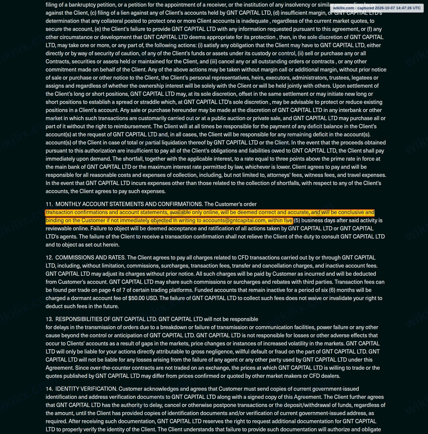 Our full page screenshot of the page this clause sits on, on Global Next Trade's site globalnexttrade.com, taken on Oct 7, 2026. The quoted words are marked in the image.