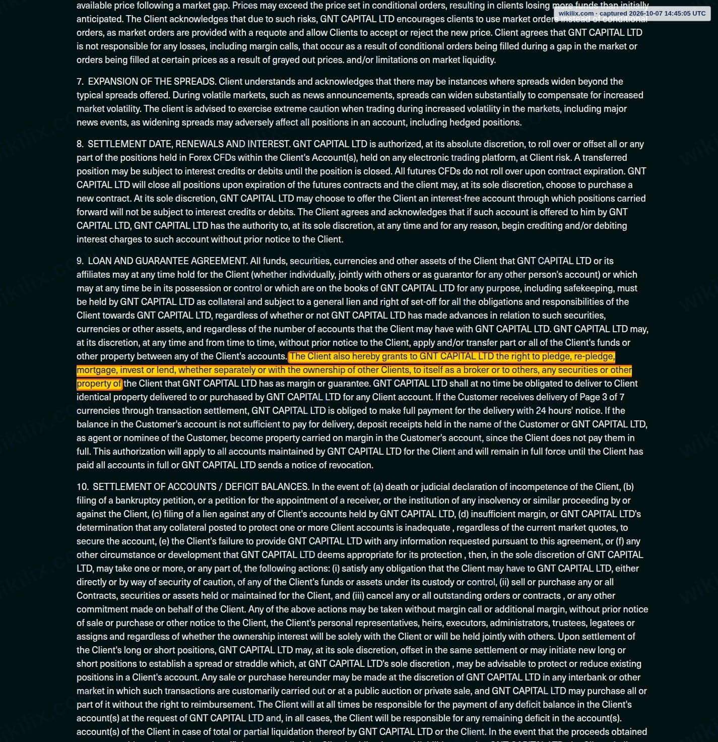 Our full page screenshot of the page this clause sits on, on Global Next Trade's site globalnexttrade.com, taken on Oct 7, 2026. The quoted words are marked in the image.