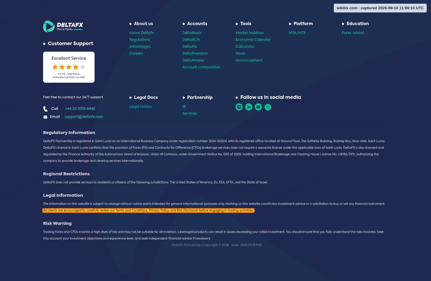 Our full page screenshot of the page this clause sits on, on DeltaFX's site web.archive.org, taken on Sep 10, 2026. The quoted words are marked in the image.