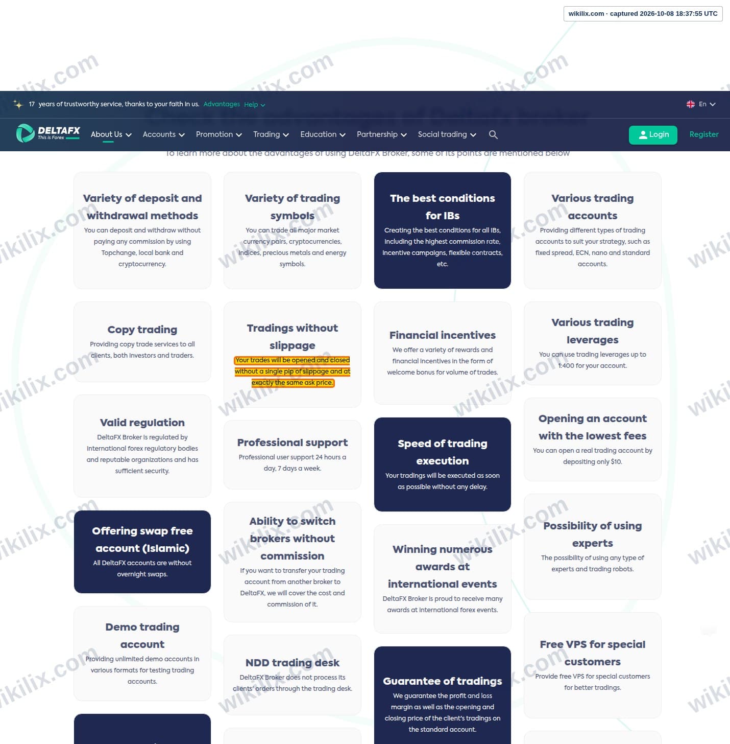Our full page screenshot of the page that makes this promise, on DeltaFX's site deltafx.com, taken on Oct 8, 2026. The quoted words are marked in the image.
