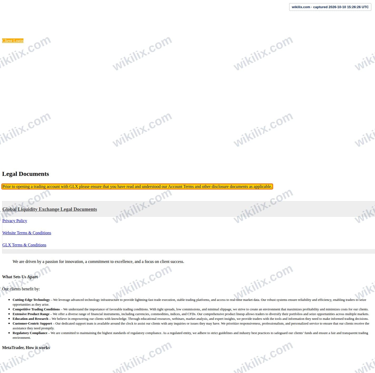Our full page screenshot of the page that makes this promise, on GLX's site web.archive.org, taken on Oct 10, 2026. The quoted words are marked in the image.