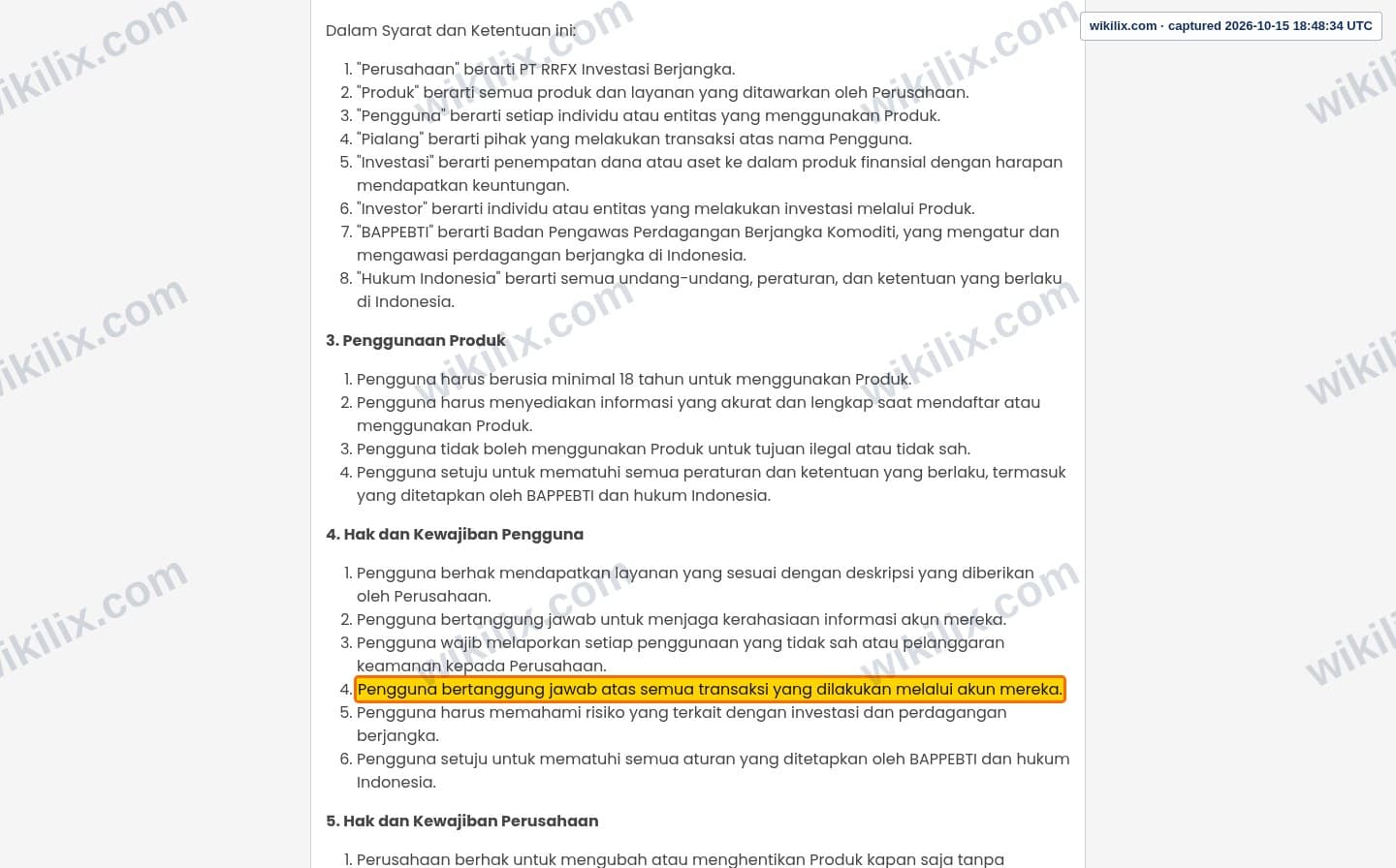 Our full page screenshot of the page this clause sits on, on RR's site app.rrfx.co.id, taken on Oct 15, 2026. The quoted words are marked in the image.