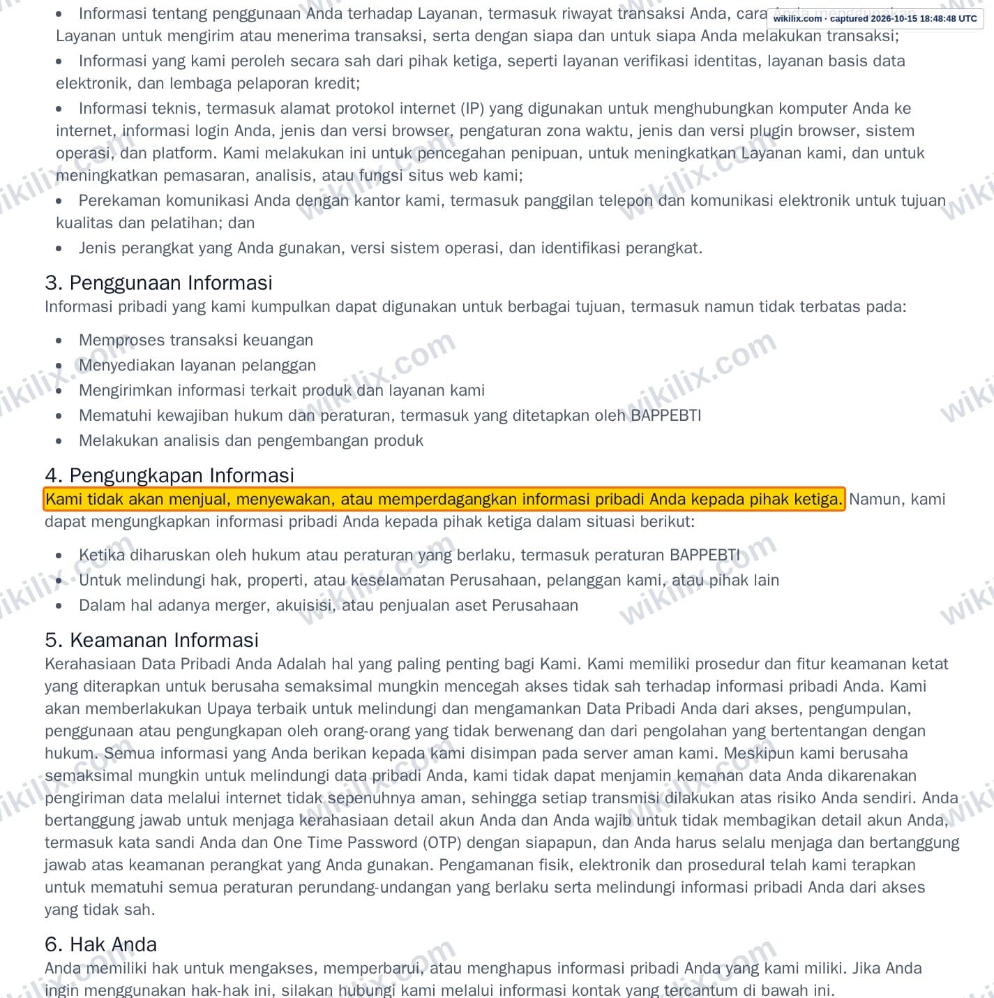 Our full page screenshot of the page this clause sits on, on RR's site rrfx.co.id, taken on Oct 15, 2026. The quoted words are marked in the image.