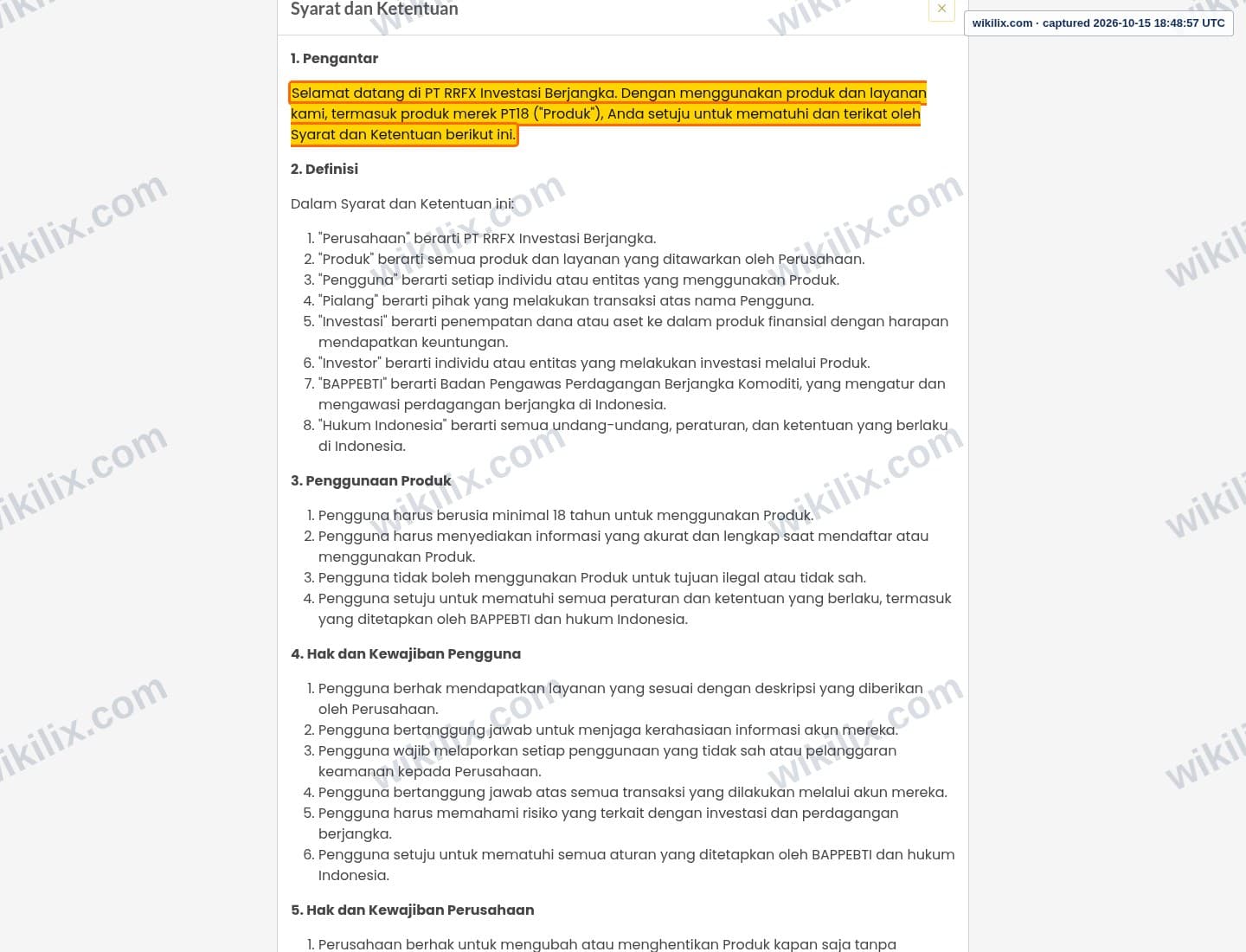 Our full page screenshot of the page this clause sits on, on RR's site app.rrfx.co.id, taken on Oct 15, 2026. The quoted words are marked in the image.