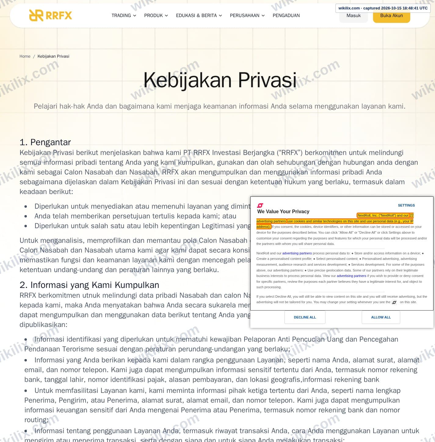 Our full page screenshot of the page that makes this promise, on RR's site rrfx.co.id, taken on Oct 15, 2026. The quoted words are marked in the image.