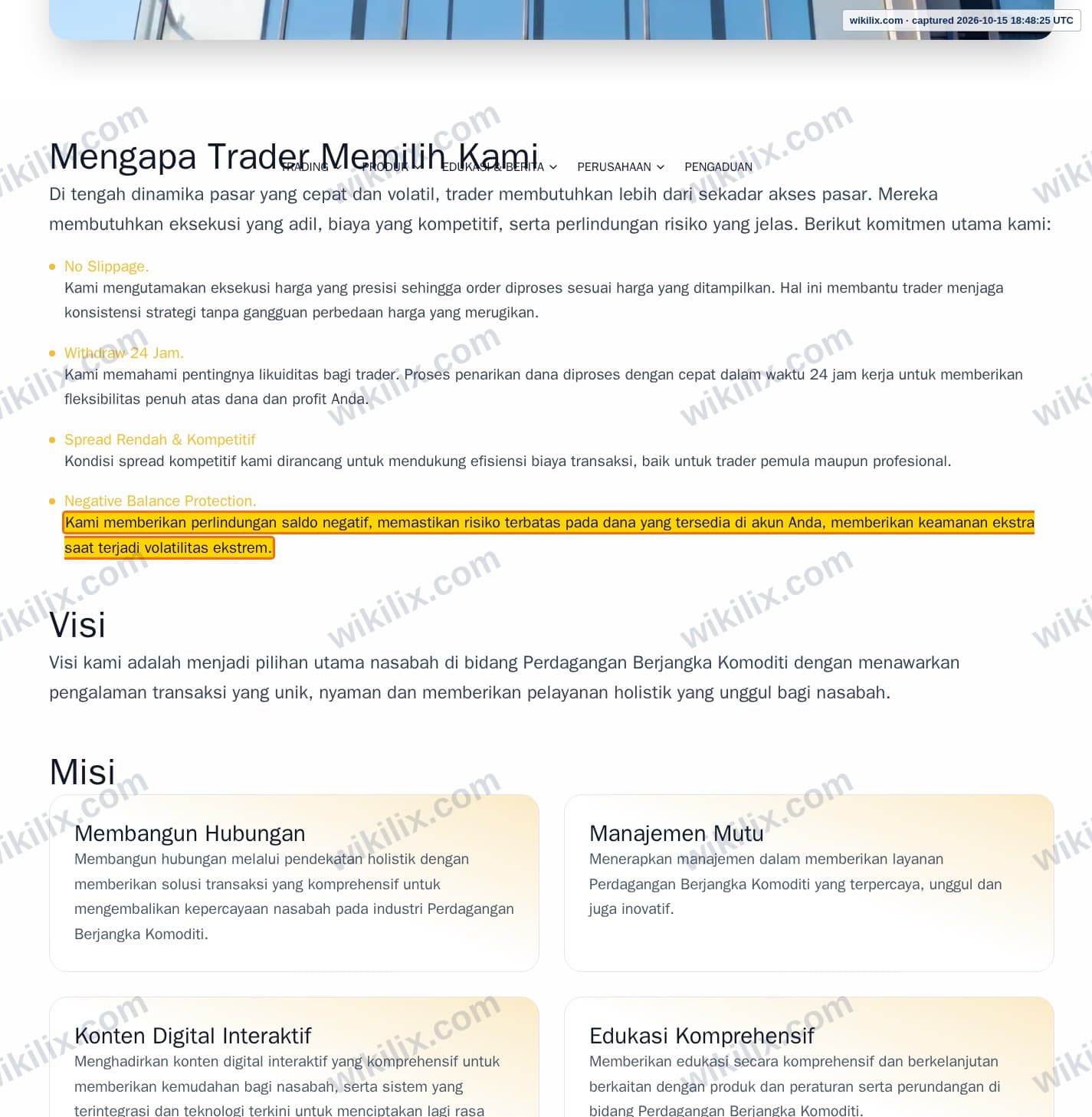 Our full page screenshot of the page that makes this promise, on RR's site rrfx.co.id, taken on Oct 15, 2026. The quoted words are marked in the image.