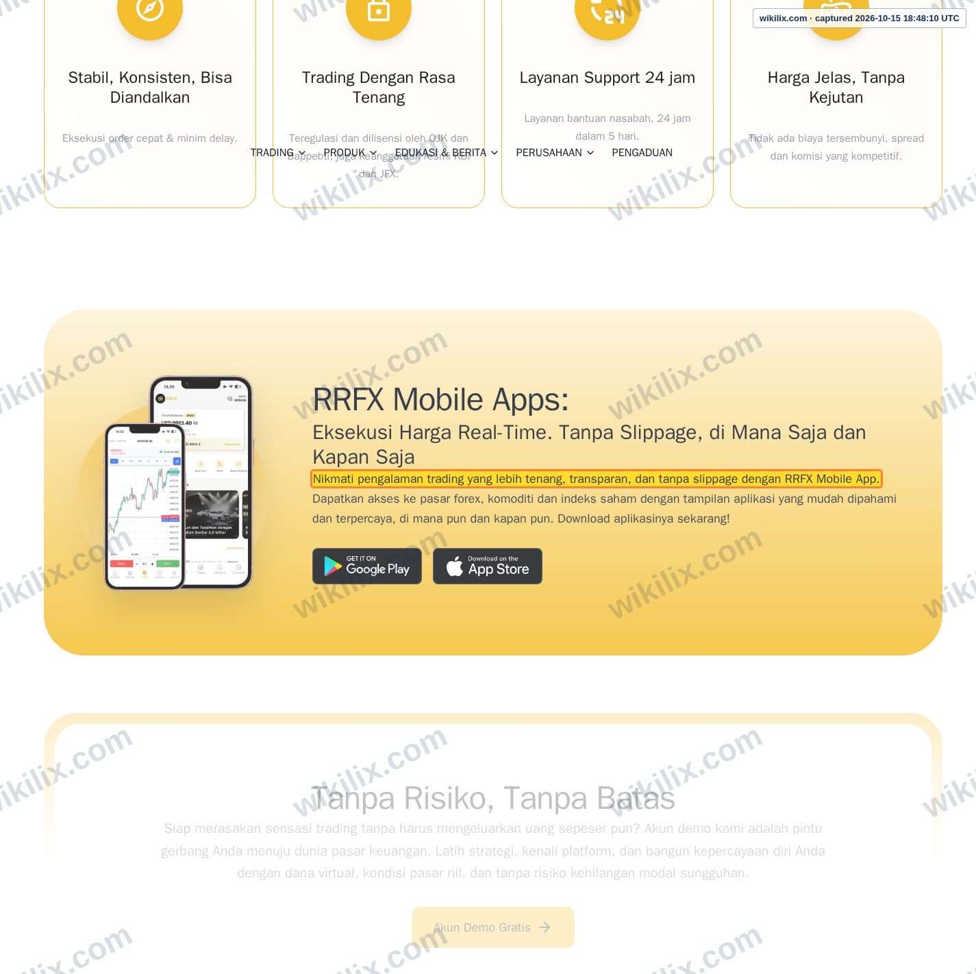 Our full page screenshot of the page that makes this promise, on RR's site rrfx.co.id, taken on Oct 15, 2026. The quoted words are marked in the image.
