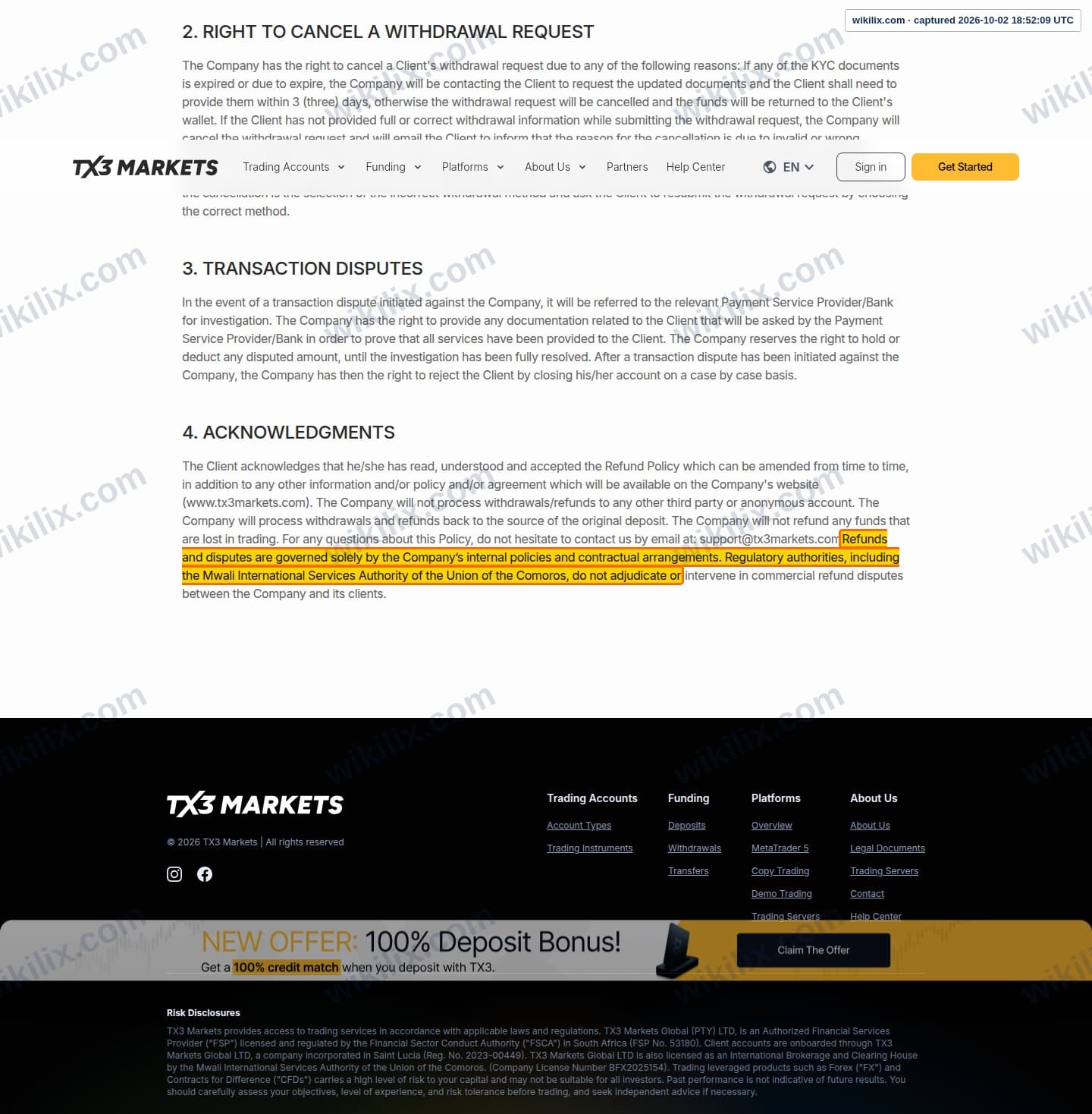 Our full page screenshot of the page this clause sits on, on EPFX's site tx3markets.com, taken on Oct 2, 2026. The quoted words are marked in the image.
