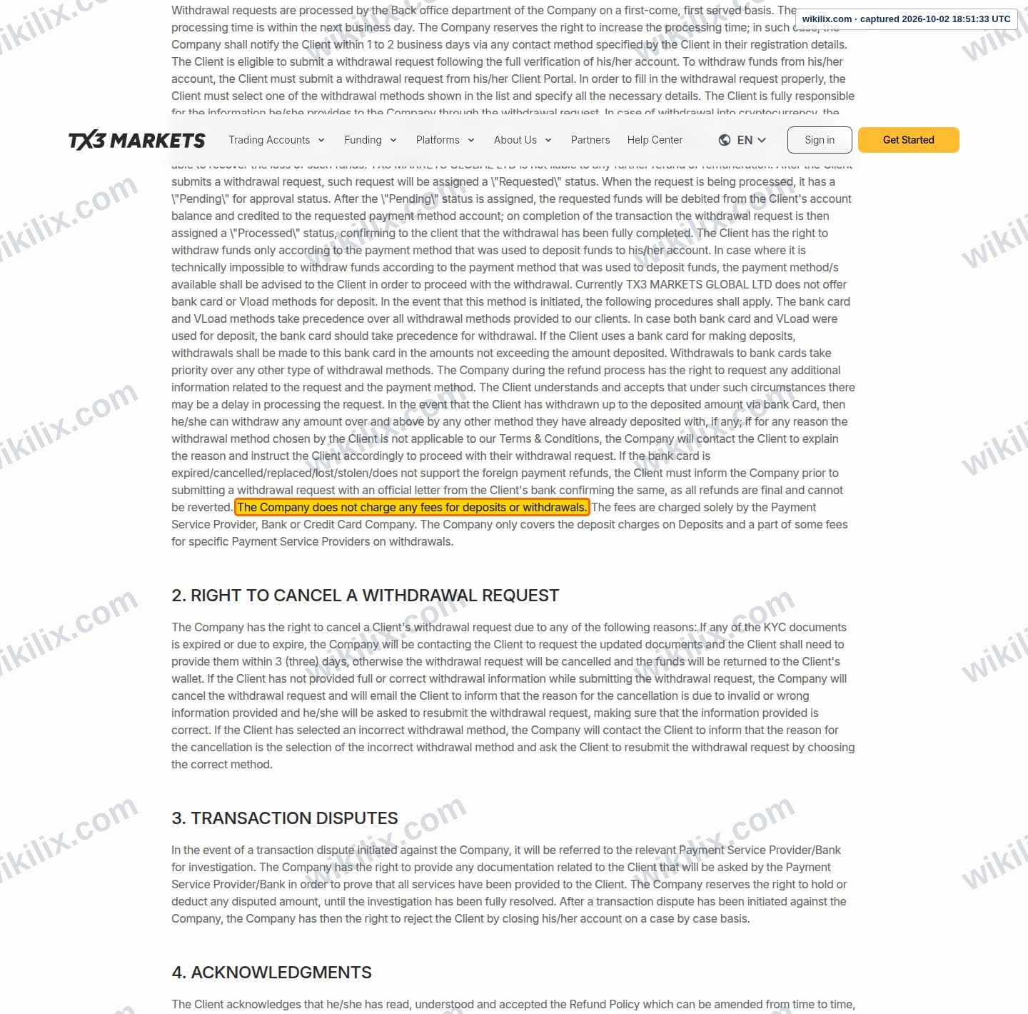 Our full page screenshot of the page that makes this promise, on EPFX's site tx3markets.com, taken on Oct 2, 2026. The quoted words are marked in the image.